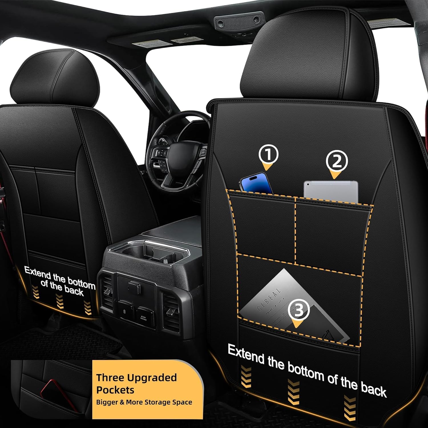 Ford F150 2009-2026 Seat Covers F250/F350/F450 2017-2025 2026 Leather Car Seat Covers Full Set Car Seat Cover for Crew Cab XL XLT Lariat King Ranch Platinum with Lumbar Support(Black)