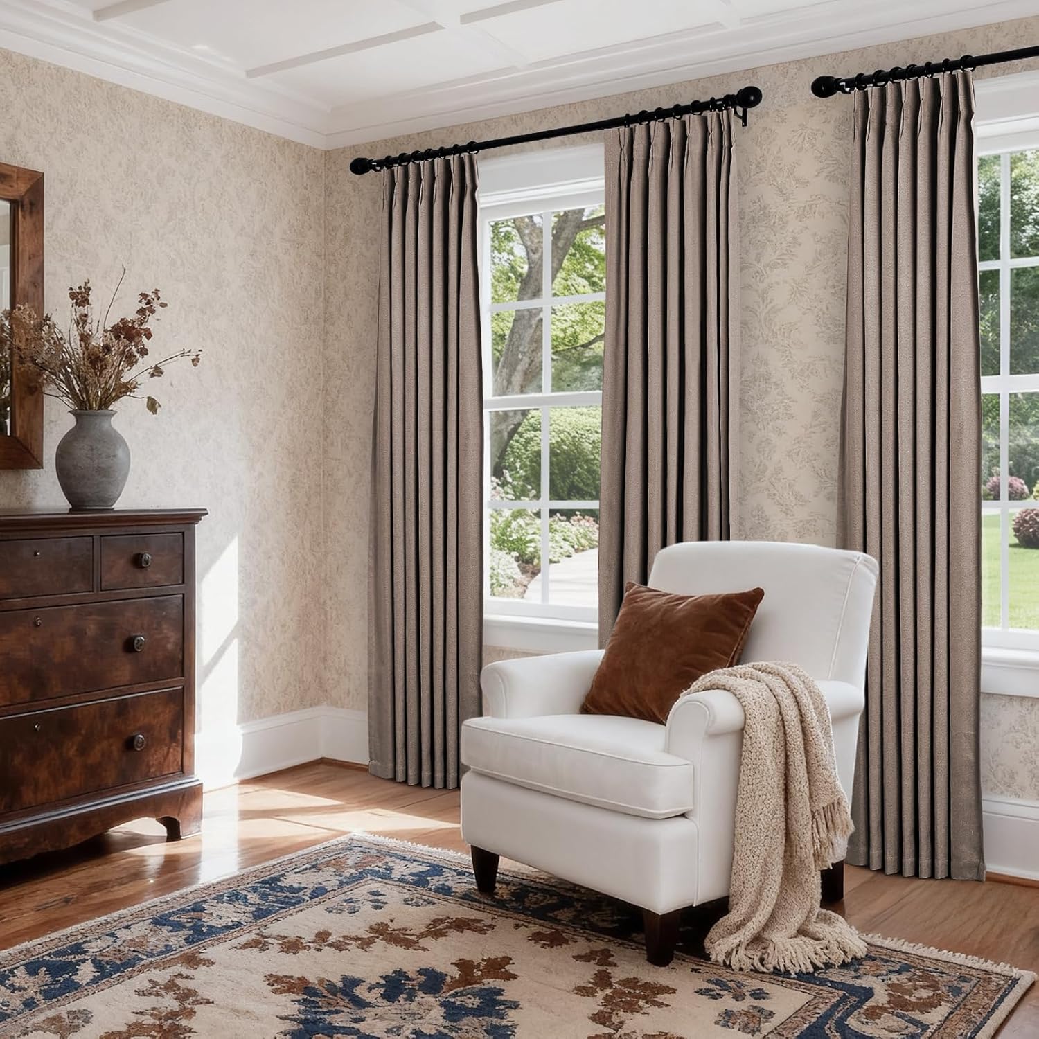 Pinch Pleated Full Blackout Curtains for Bedroom & Living Room, Linen Textured Thermal Insulated Blackout Window Curtains & Drapes 95 Inches Long, 2 Panels Set(40" W x 95" L, Tan)