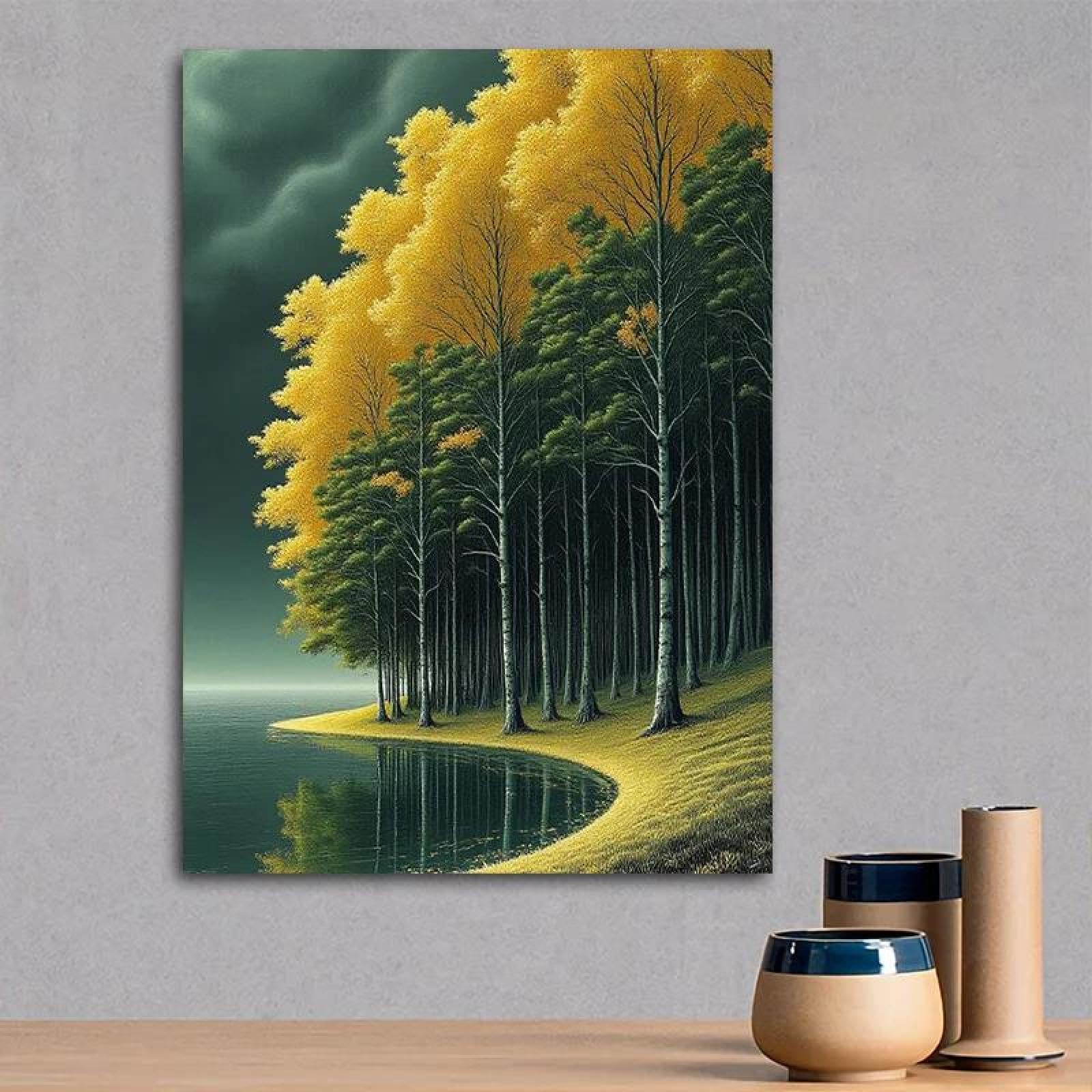 Yocheng Canvas Wall Art Print - Golden-Yellow Trees & Tranquil Lake Rustic Home Decor 50x70cm No Frame