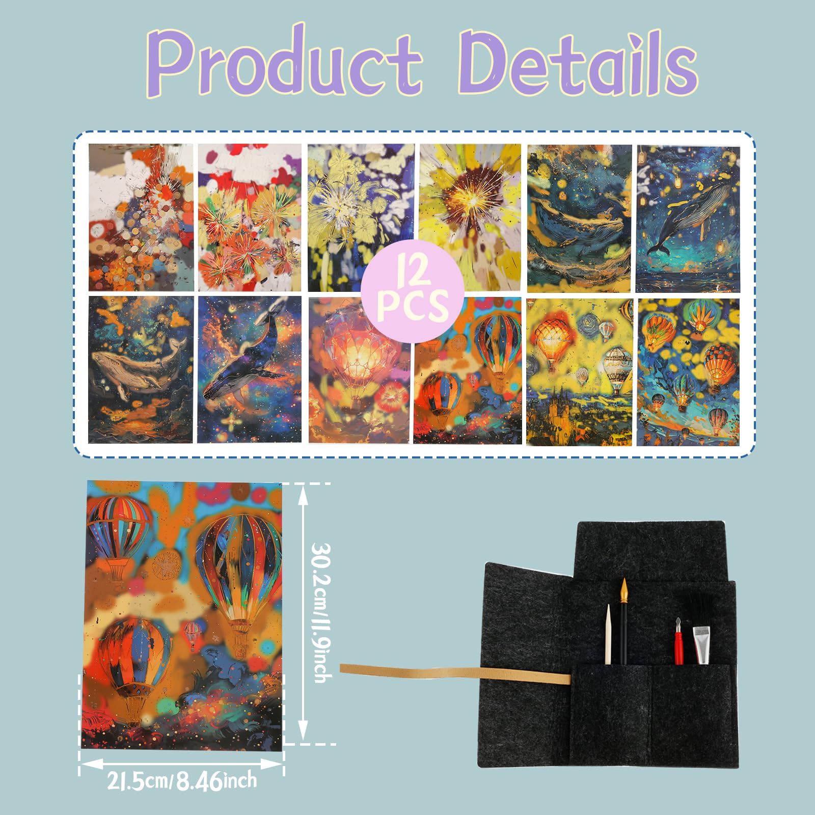 HSHGZSR Luminous Scratch Painting, ScratcCreative h Rainbows Painting Kids Adults, Scratchboard Art, DIY Handmade Art Gifts, Scratch Painting Paper Set Fireworks Hot Air Balloonsdiy Painting kit