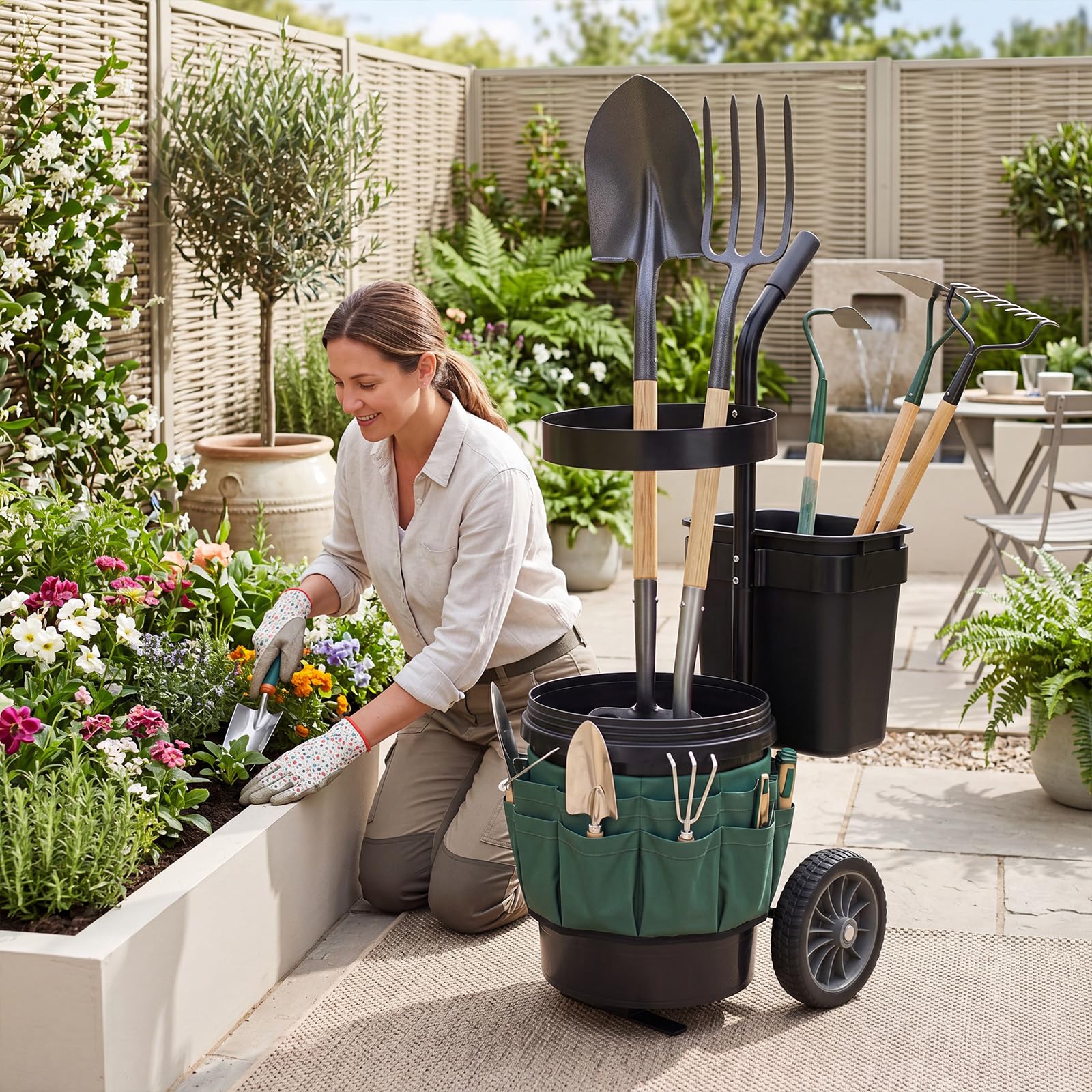 HOMASIS Carrello da Giardino 30L in Metallo per Giardinaggio e Pulizia | Secchio, Bidone e Tasche, 2 Ruote Porta Utensili e Foglie, Carrellino Verticale per Cortile e Terrazza