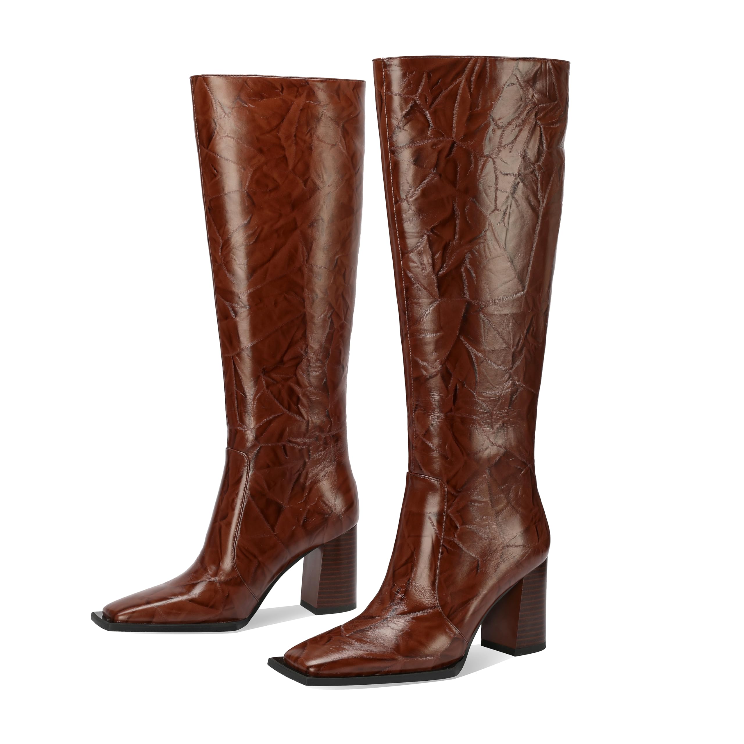 TDD Square Toe Boots for Women Brown Knee High Heels Chunky Block Ladies Tall Long Faux Leather Fashion