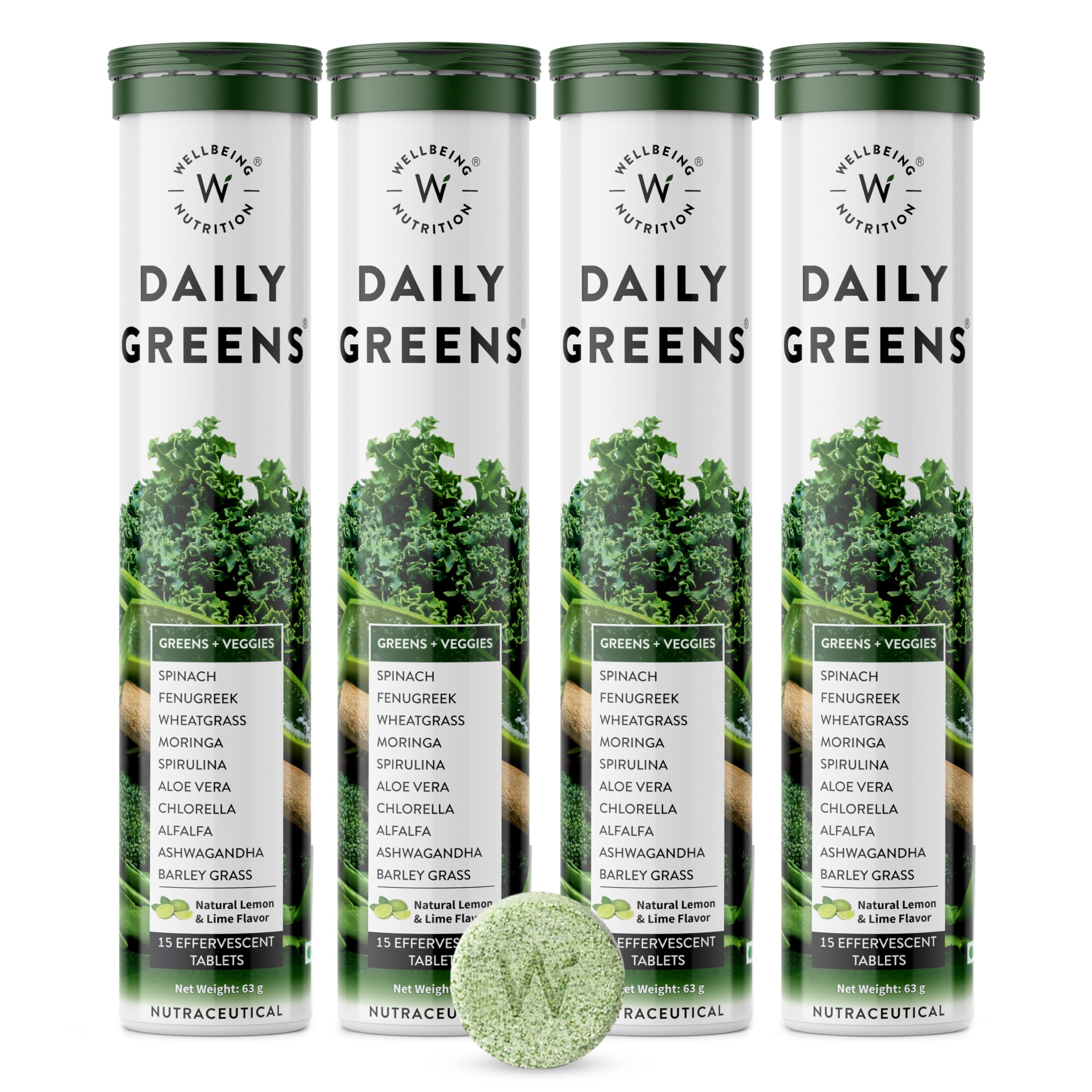 Daily Greens | Wholefood Multivitamins with Vitamin C, Zinc, B6 for Immunity & Detox with Organic Certified Plant Superfoods & Antioxidants (15 Effervescent Tablets) Pack of 4