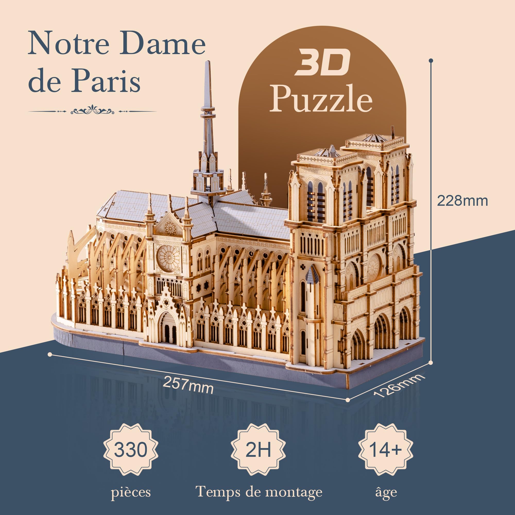 ROWOOD Notre Dame de Paris Puzzle 3D en Bois Modèle d’Architecture, 330 Pièces Kit DIY Découpe Laser pour Adultes et Adolescents, Décoration Élégante et Cadeau Créatif pour Passionnés d’Architecture