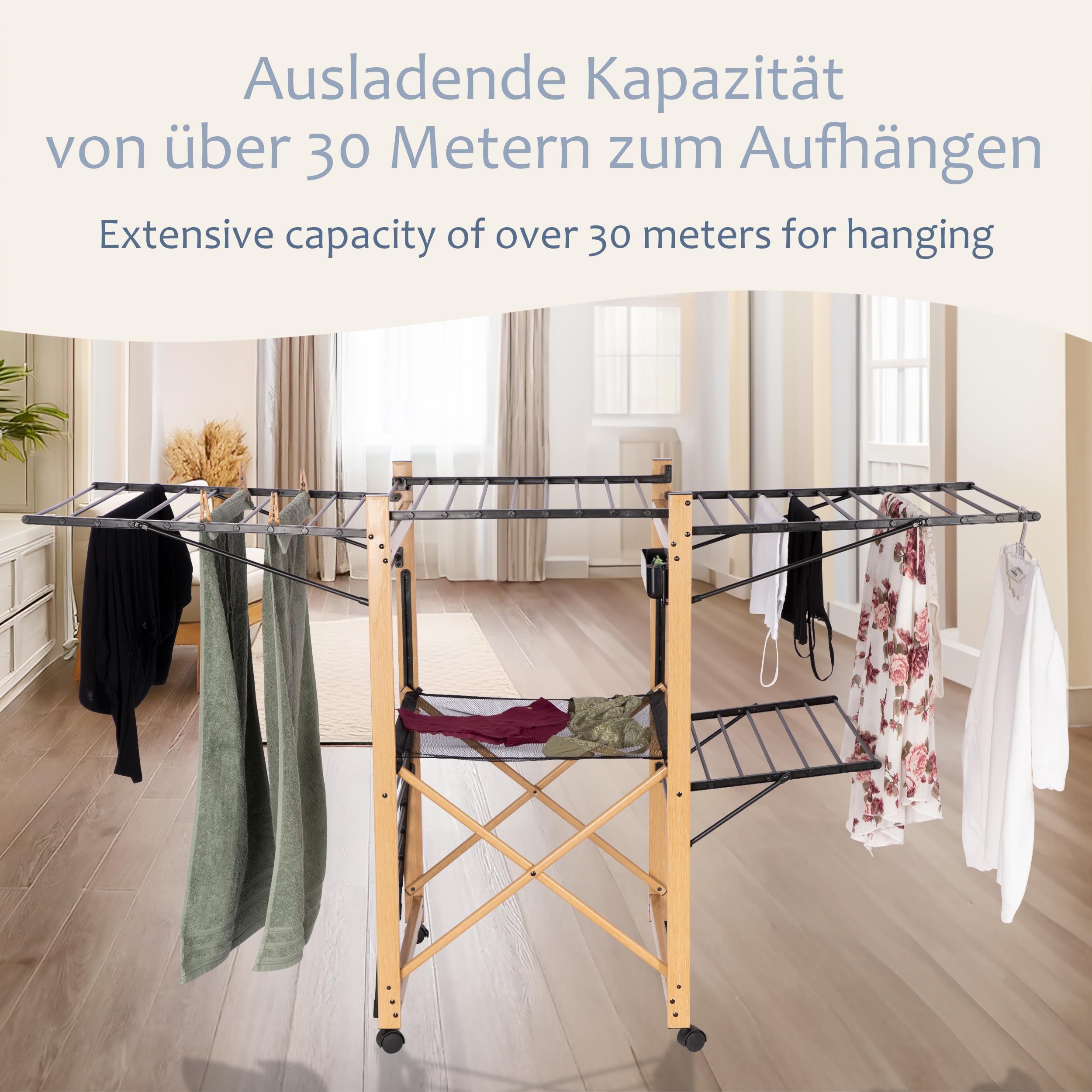 ONVAYA® Faltwäscheständer ǀ Wäscheständer ǀ ausziehbar für Außen- und Innenbereich ǀ inkl. Klammerbox und Netz ǀ platzsparend ǀ Wäscheturm ǀ Holzoptik ǀ Flügelwäschetrockner mit Rollen