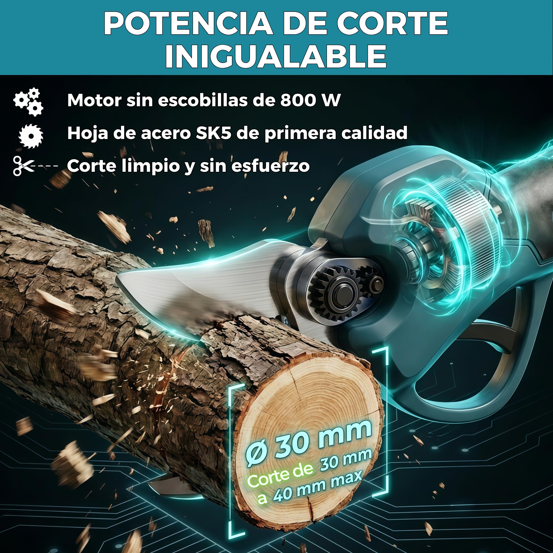 Tijeras de podar eléctricas inalámbricas 800 W – Corte 40 mm – 2 baterías de litio 6000 mAh – Tijeras de podar profesional de jardín – Kit completo (Pack pro)