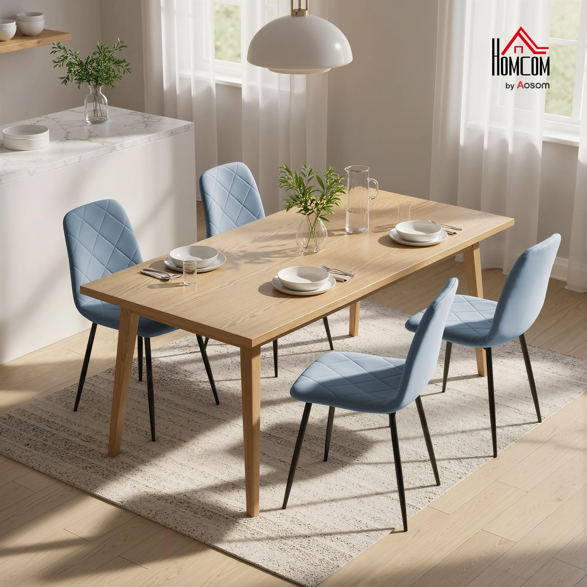 HOMCOM Juego de 4 Sillas de Comedor Modernas 45x54x87 cm Azul Claro | Sillas de Cocina, Tapizadas en Terciopelo, con Patas de Acero, para Salón