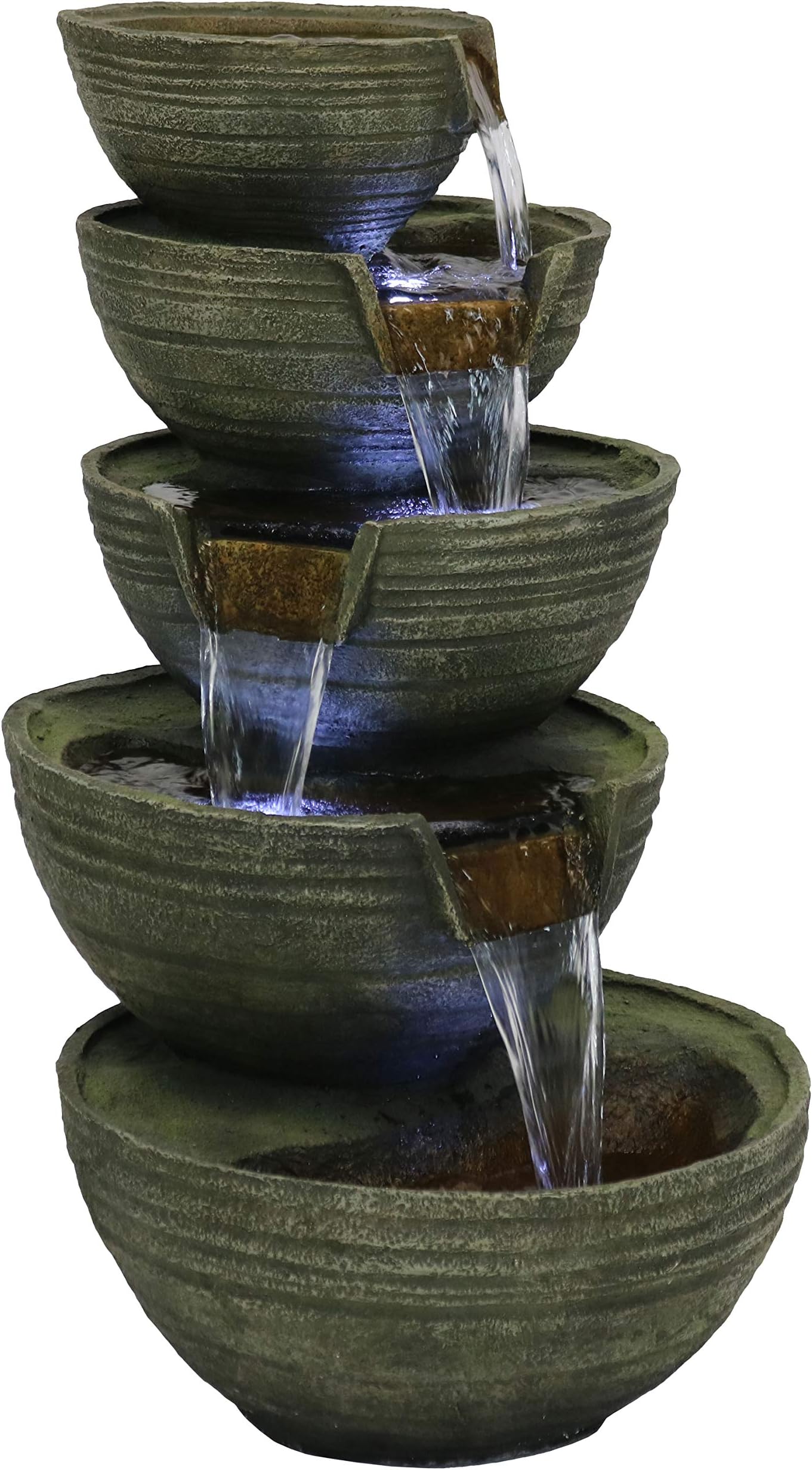 Sunnydaze Flowing Tiered Artisan Bowls Outdoor Water Fountain with LED Lights, 33-Inch