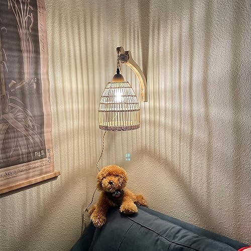 Miniatura 6 de Frideko - Juego de dos apliques de pared de mimbre enchufables, lámpara de pared de ratán con cable enchufable, accesorios de pared de granja con