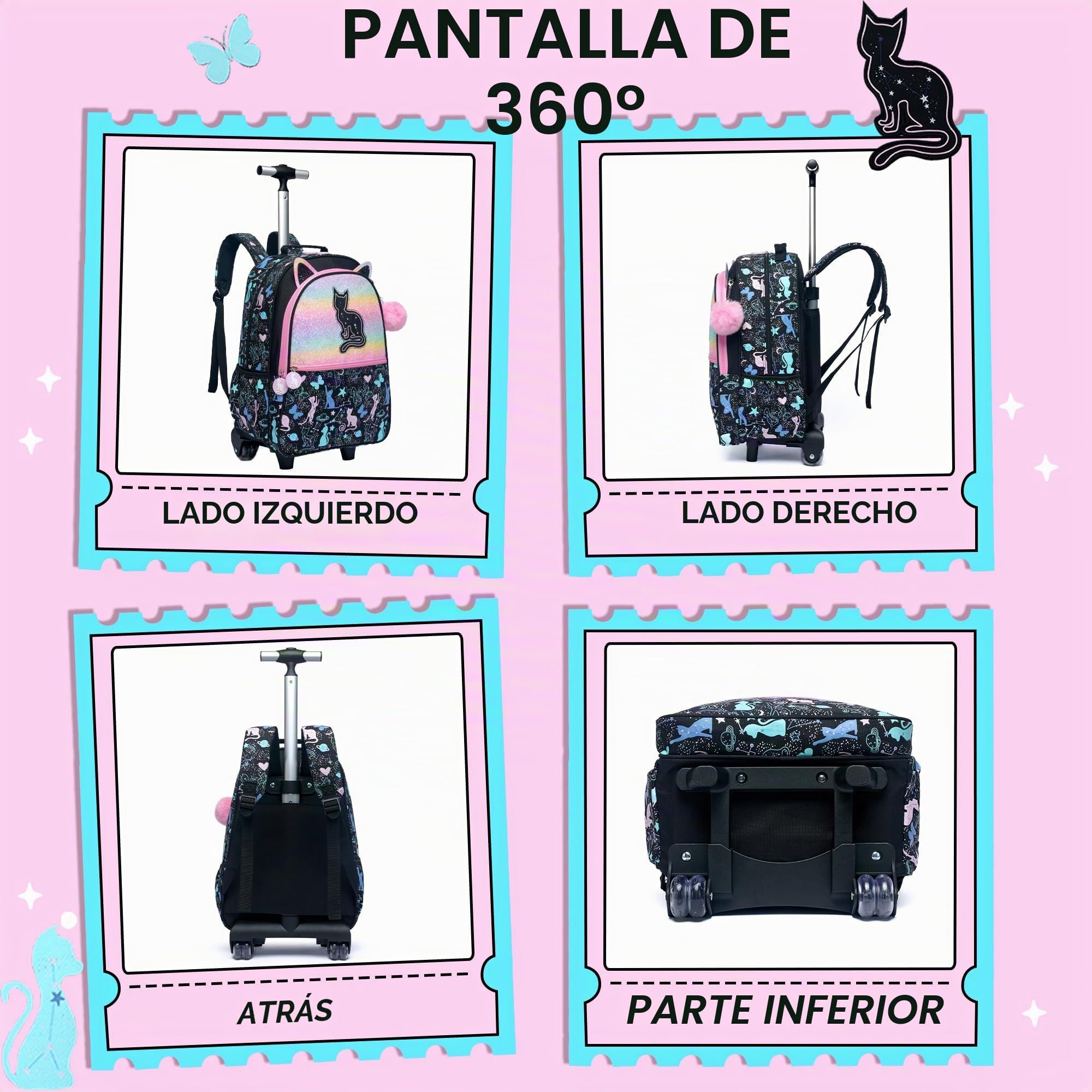 Meetbelify Linda mochila con ruedas para niñas de 8 a 10 años, con ruedas, para estudiantes de primaria, preescolar, equipaje de viaje 3 en 1, 01 Gato, Moderno