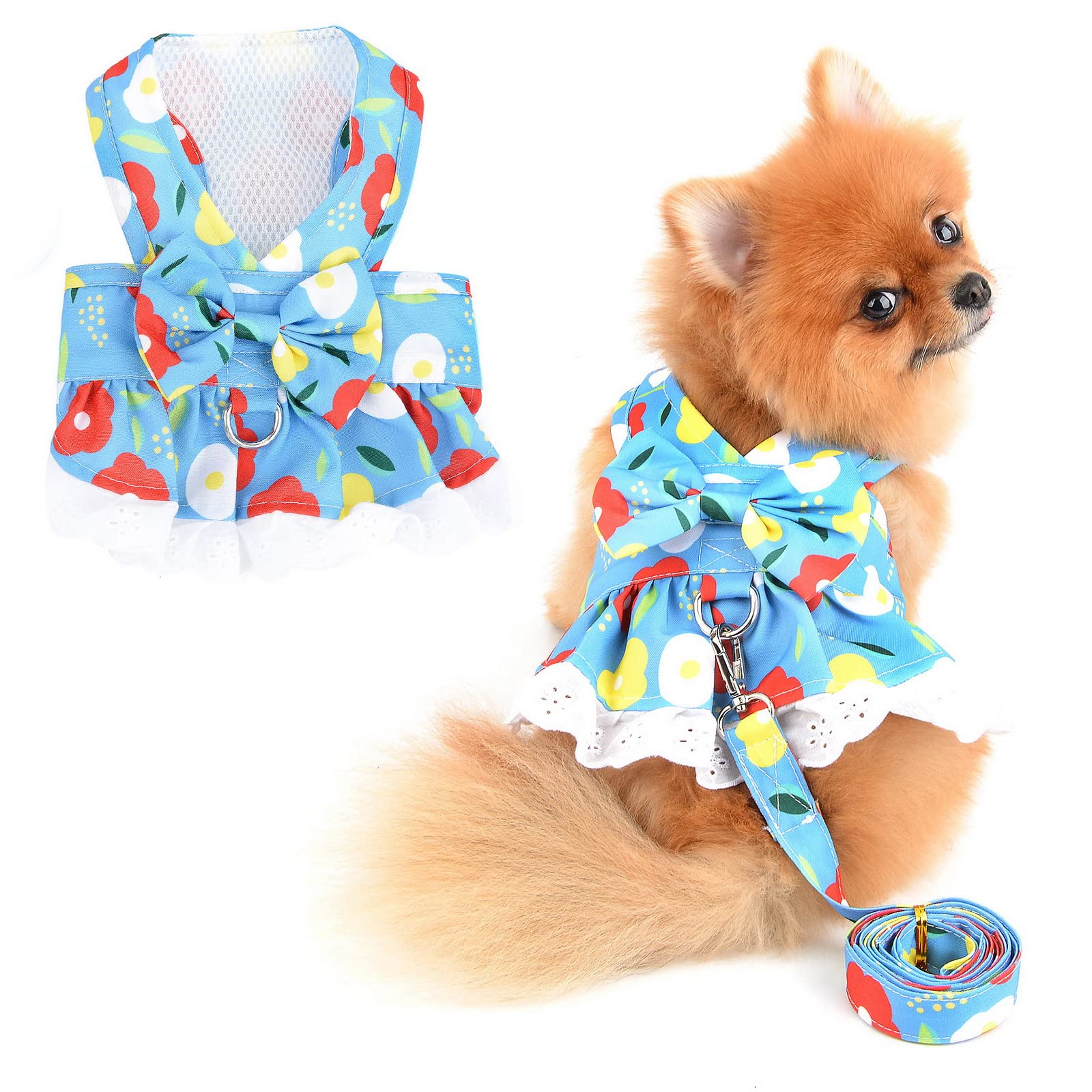 PAIDEFUL Dog Dress Harness and Leash Set Apparel Floral Bow Kitten Sundress fit Small Breed Dogs Cats Girls Soft Puppy Clothes, Light blue, XL