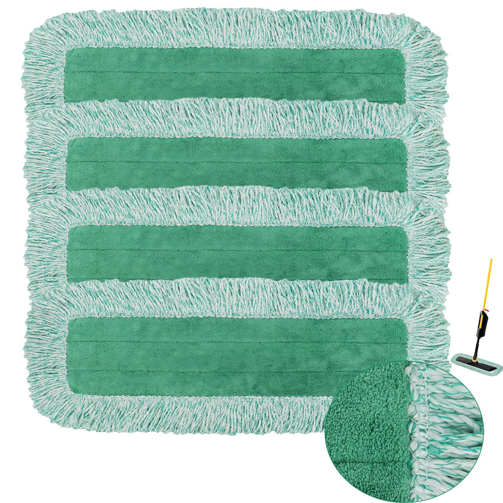 Dust Mop Pads for Rubbermaid Commercial Microfiber Dust Mops - 18 inch Mop Head Replacement with Fringe - Reusable Wet & Dry Cleaning Flat Mops System