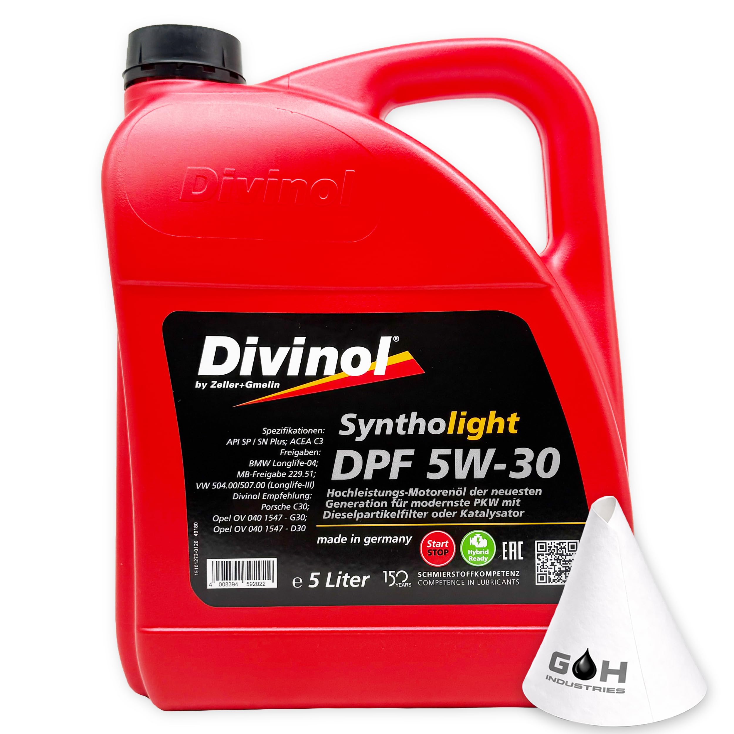 Divinol Syntholight DPF 5W-30 | 5 L | VW 504.00 507.00 | MB 229.51 | BMW LL-04 | OV 040 1547-G30 | ACEA C3 | API SN | Longlife III | mit Trichter