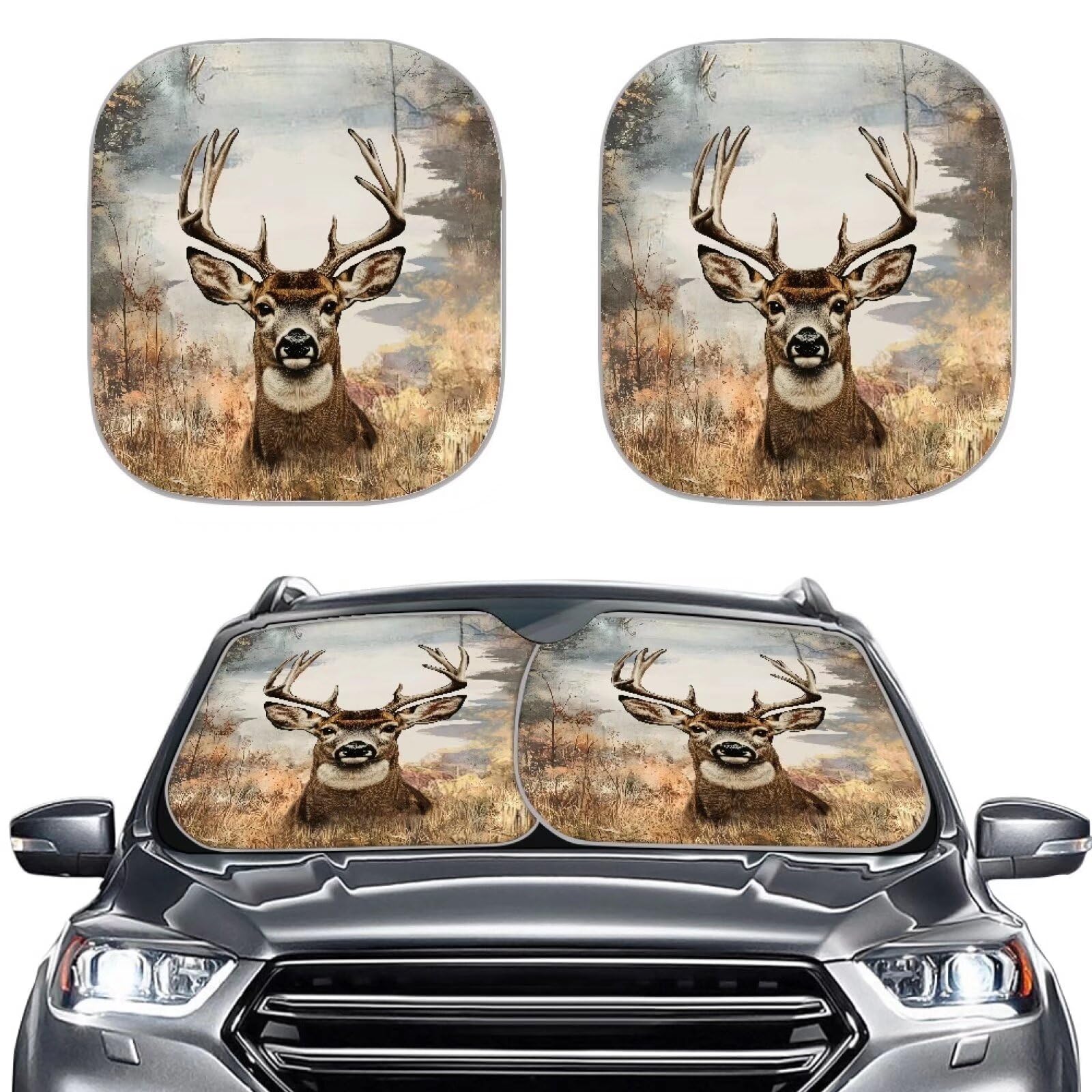 Cozeyat Forest Deer 2 PCS Car Windshield Sun Shade Auto Sun Heat and UV Rays Blocker Foldable Automotive Front Window Sunshade Protector Universal