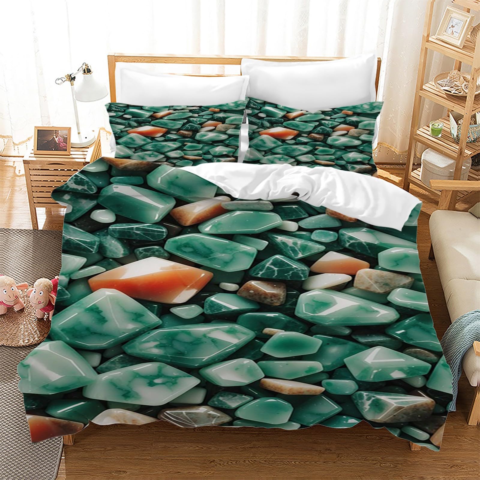 Generisch AK1192 turkusowa pościel z kamieniem, 155 x 220 cm, z nadrukiem 3D, 3-częściowy zestaw pościeli z oddychającej i miękkiej mikrofibry, 2 poszewki na poduszkę z zamkiem błyskawicznym AK1192
