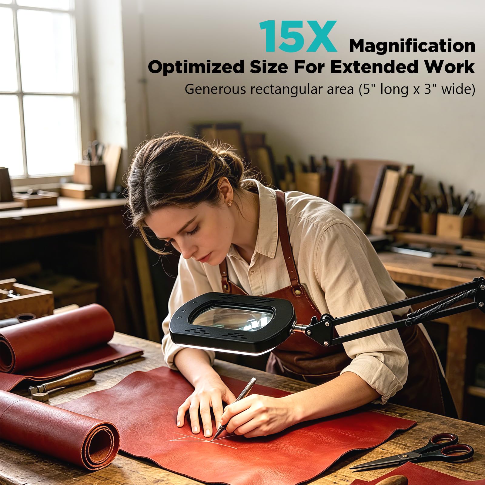 15X Lupe mit Licht und Ständer, 3-in-1 Standlupe, Lupenlampe mit 5 Farbmodi, Stufenlos Dimmbar, 60 LED, Stabiler Metallständer, Große Flexible Schwenkarm Lupenleuchte für Senioren, Hobbys und Basteln