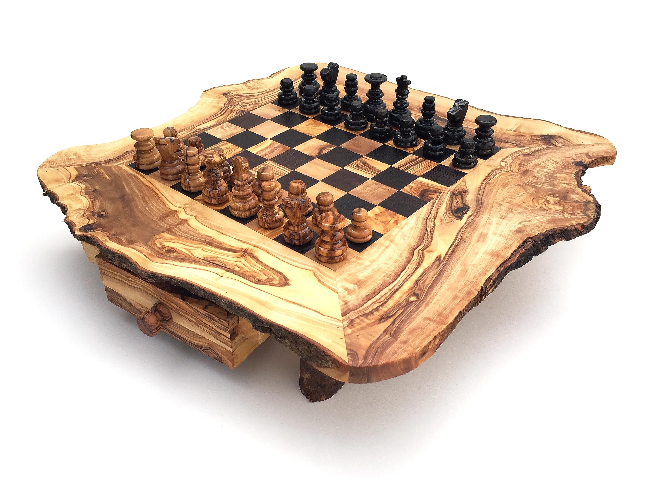 Schachspiel rustikal, Schachtisch Gr. wählbar M/L/XL inkl. Schachfiguren handgemacht aus Olivenholz/Wenge Geschenkidee. (L)