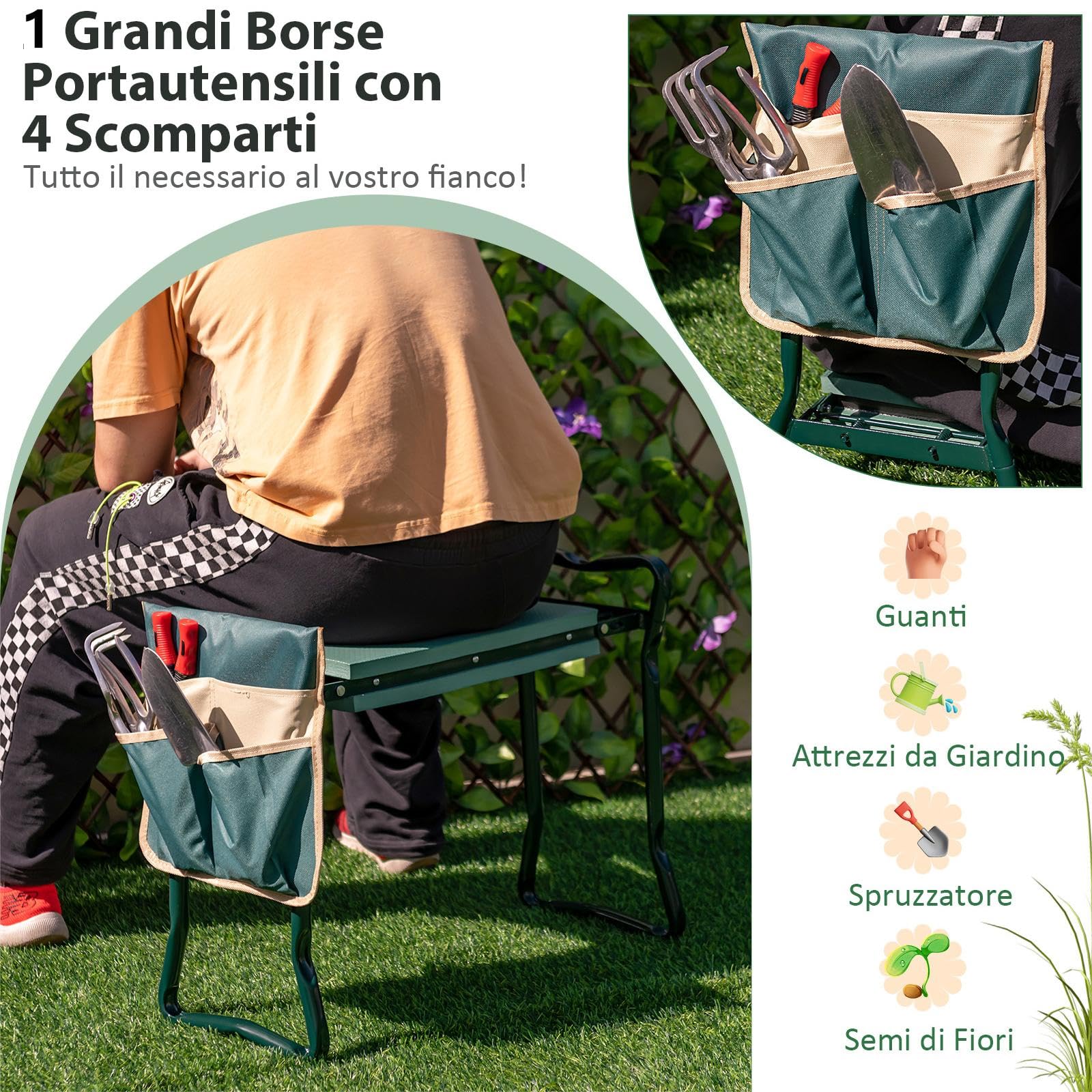 COSTWAY Inginocchiatoio da Giardino 2 in 1 Portatile e Pieghevole, Sgabello da Giardino con Inginocchiatoio e Borsa, Sedile per Giardinaggio da Inginocchiare e Sedere