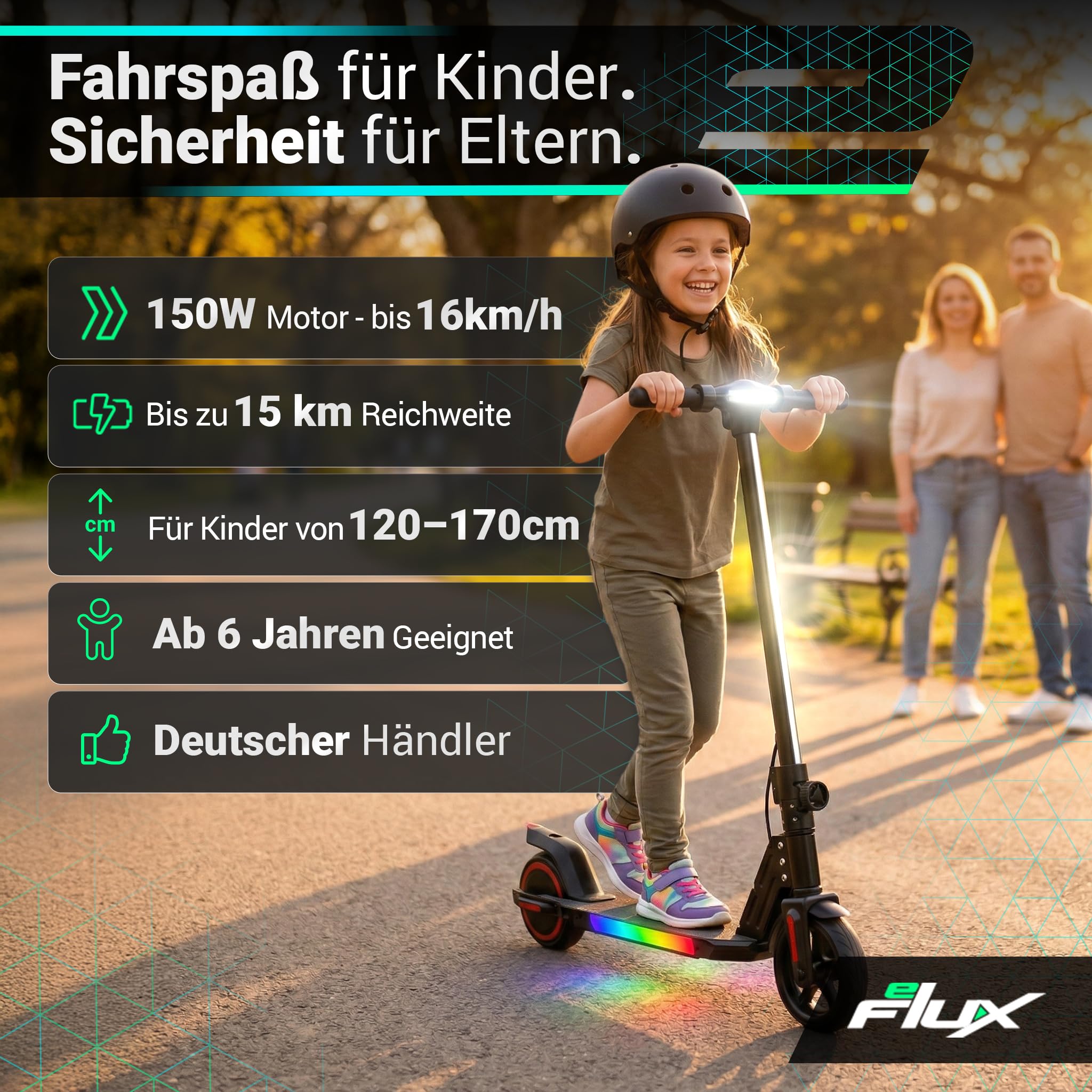 eFlux Kids K1 E Scooter | E Roller für Kinder ab 6 Jahren - Scooter mit LED Beleuchtung - Elektroscooter leicht - Elektroroller klappbar - Geschwindigkeit bis 𝟏𝟔 𝐤𝐦/𝐡 - Reichweite bis 𝟏𝟓 𝐤𝐦