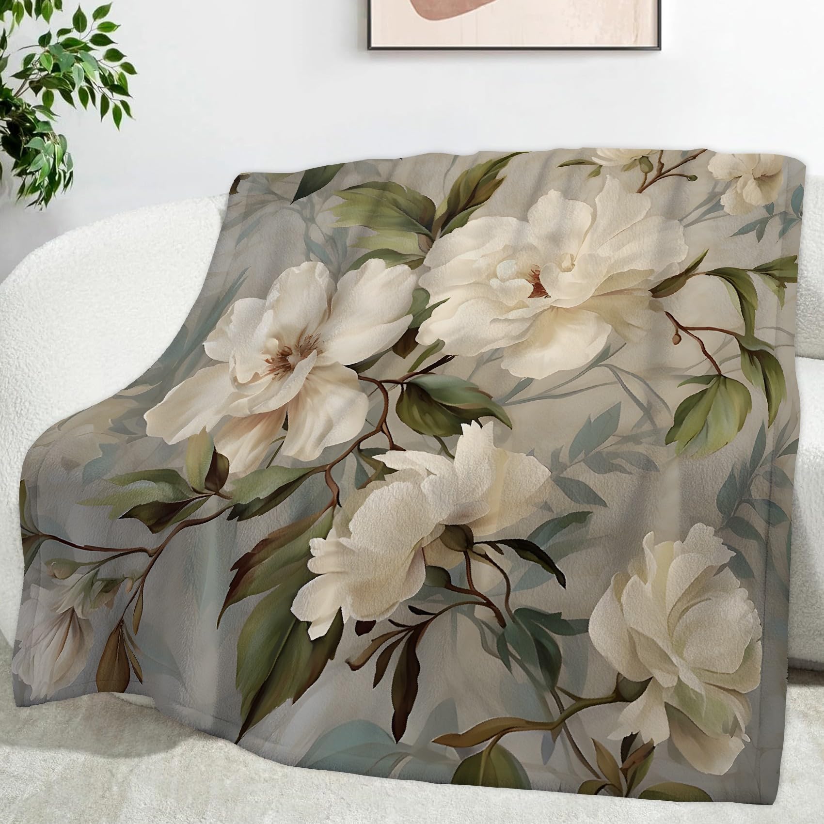Plaid polaire microfibre pivoine blanche 180x220cm pour canapé