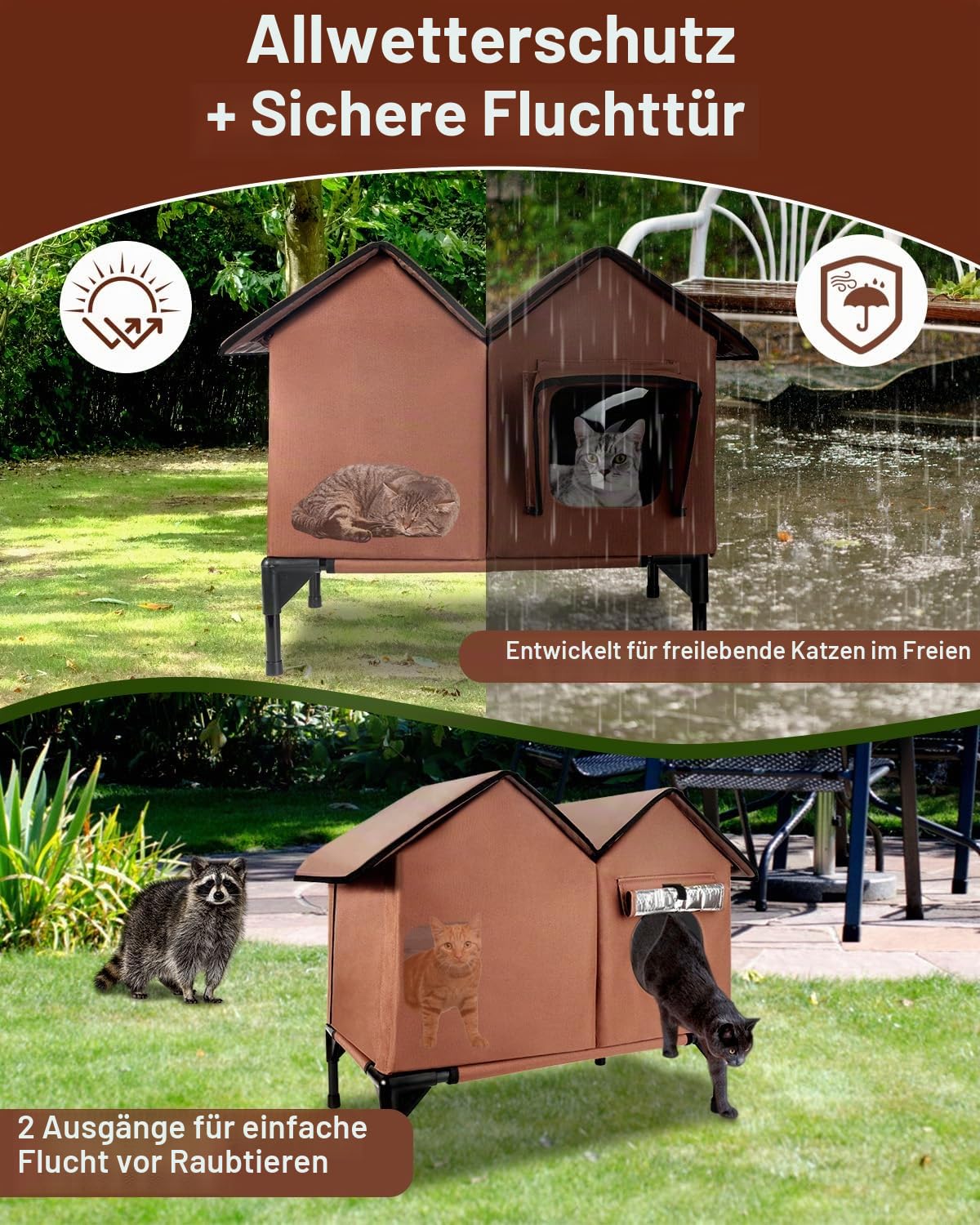 Katzenhaus im Freien, Große wasserdichte isolierte Katzenkennel mit erhöhter Basis, Winterhaus für Indoor-Katzen und kleine Hunde im Freien, Wilde Katzenschutz für mehrere Katzen, Braun