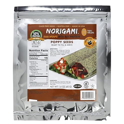 Norigami Envolturas de huevo con proteína de soja, semillas de amapola. Altas proteínas, bajas en carbohidratos, vegetarianas. Envolturas finas y