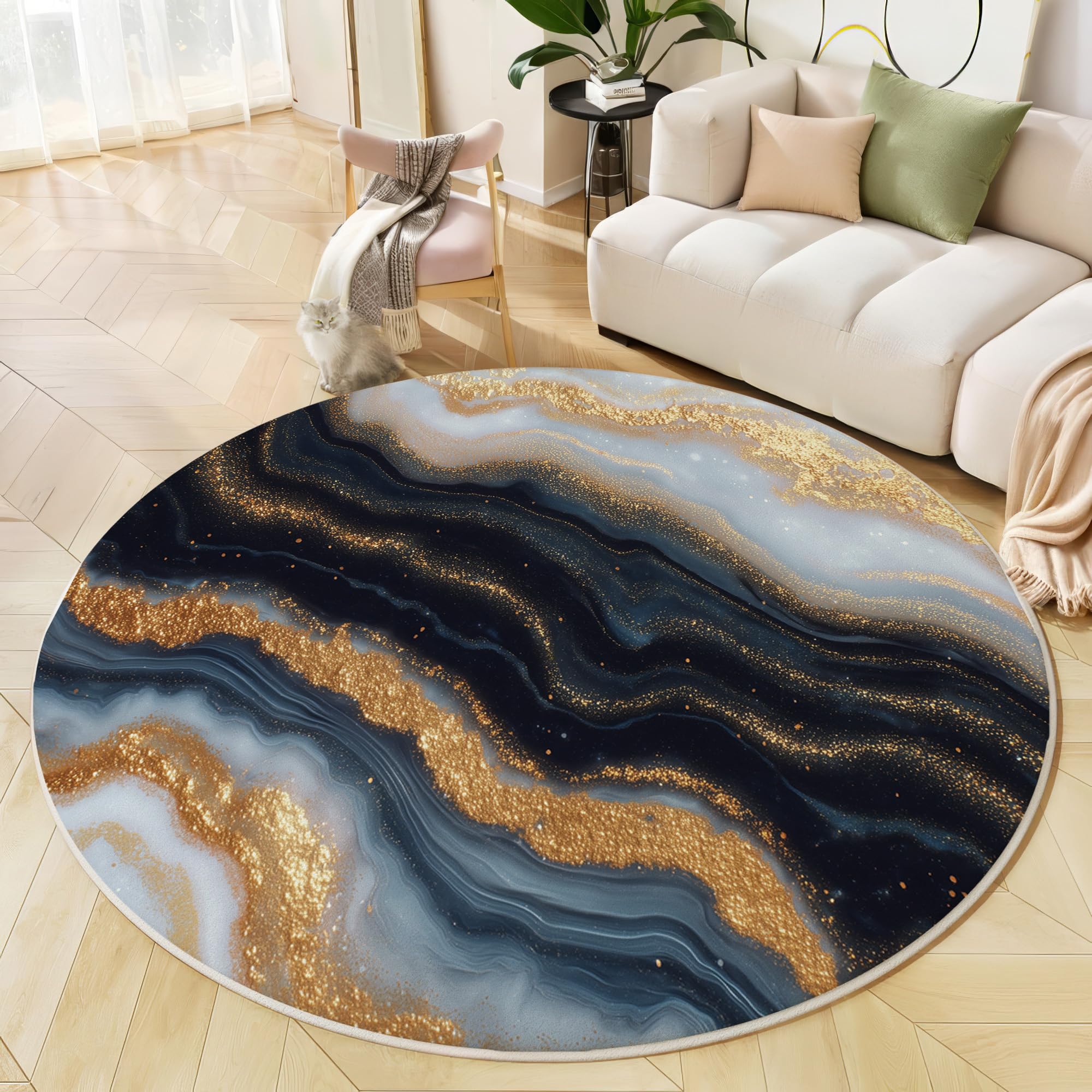 Tapis Rond Style d'art Abstrait Moderne - Lavable en Machine - Motif en Marbre - pour Salon, Chambre à Coucher, Salle de Bain - - Or - 160cm