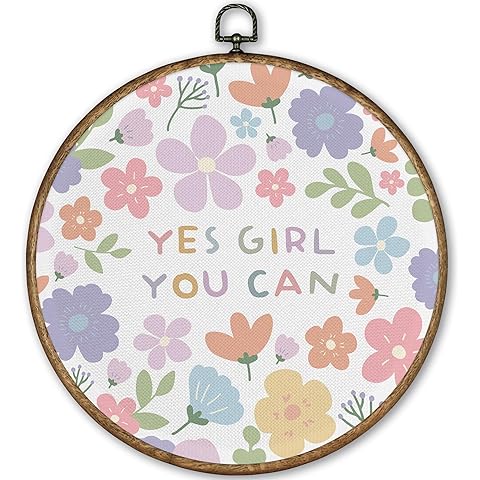 TLESKE Girl Women Inspirational Motivational Round Wall Art Decor, Yes Girl You Can Cute Girly Framed Canvas Prints Wall Artwork, Positive Affirmation Hanging Decor for Girls Room Bedroom Dorm Nursery 10x10