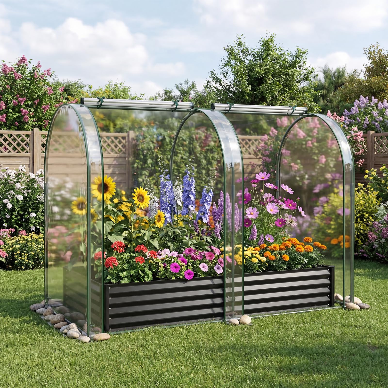 COSTWAY Orto Rialzato da Giardino con Serra, Fioriera da Esterno in Metallo con Copertura Apribile in PVC, Letto Rialzato da Esterno per Giadino, Cortile e Balcone 198 x 100 x 145 cm (Nero)