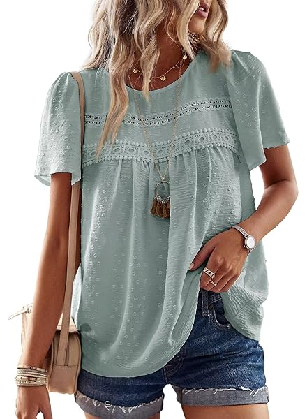 Womens Summer Tops Crewneck Short Sleeve Shirts Casual Chiffon Blouses Flowy Lace Hem Boho Clothing Trendy 2025