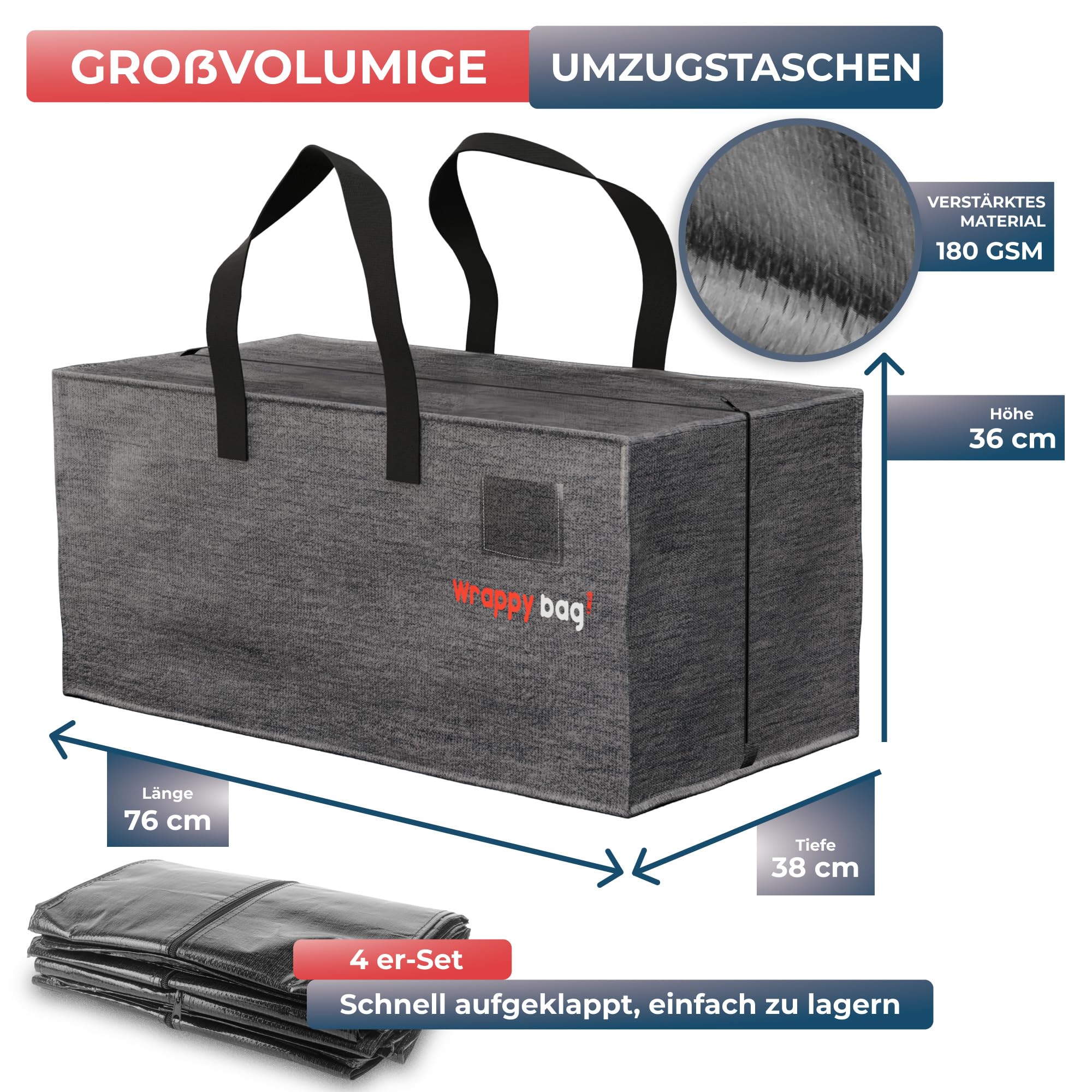 WRAPPYBAG 4er-Set Kunststoff Aufbewahrungstasche – Jumbo XXL Tasche Groß – Wasserabweisend, Stabil, mit Verstärkten Rucksackgurten – Ideal für Kleidung und Bettwäsche – 76 x 36 x 38 cm