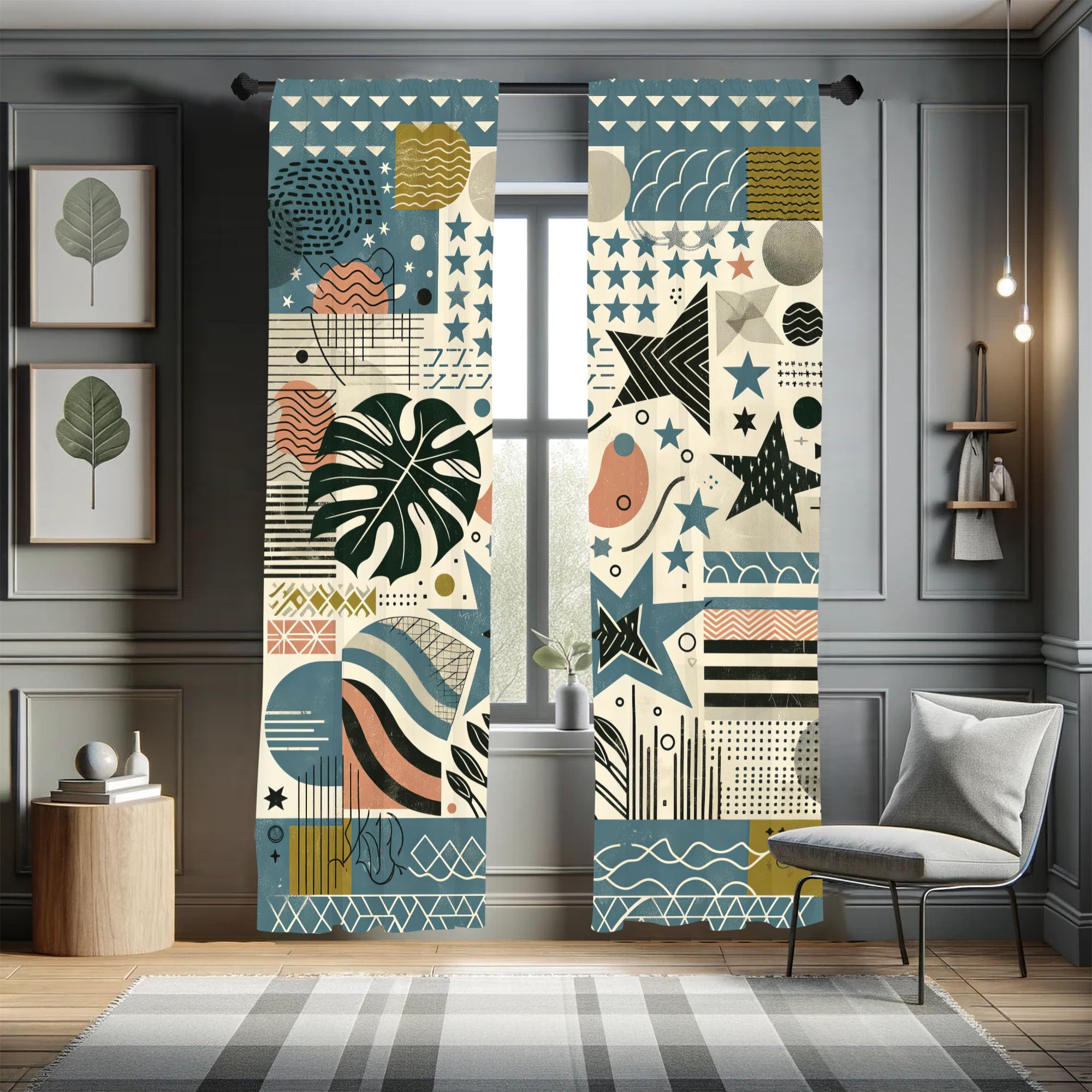 Ambesonne Abstract Window Curtains, Modern Monstera and Stars with Muted Tones Memphis Chevrons Stripes, Lightweight Decorative 2-Panel Set & Rod