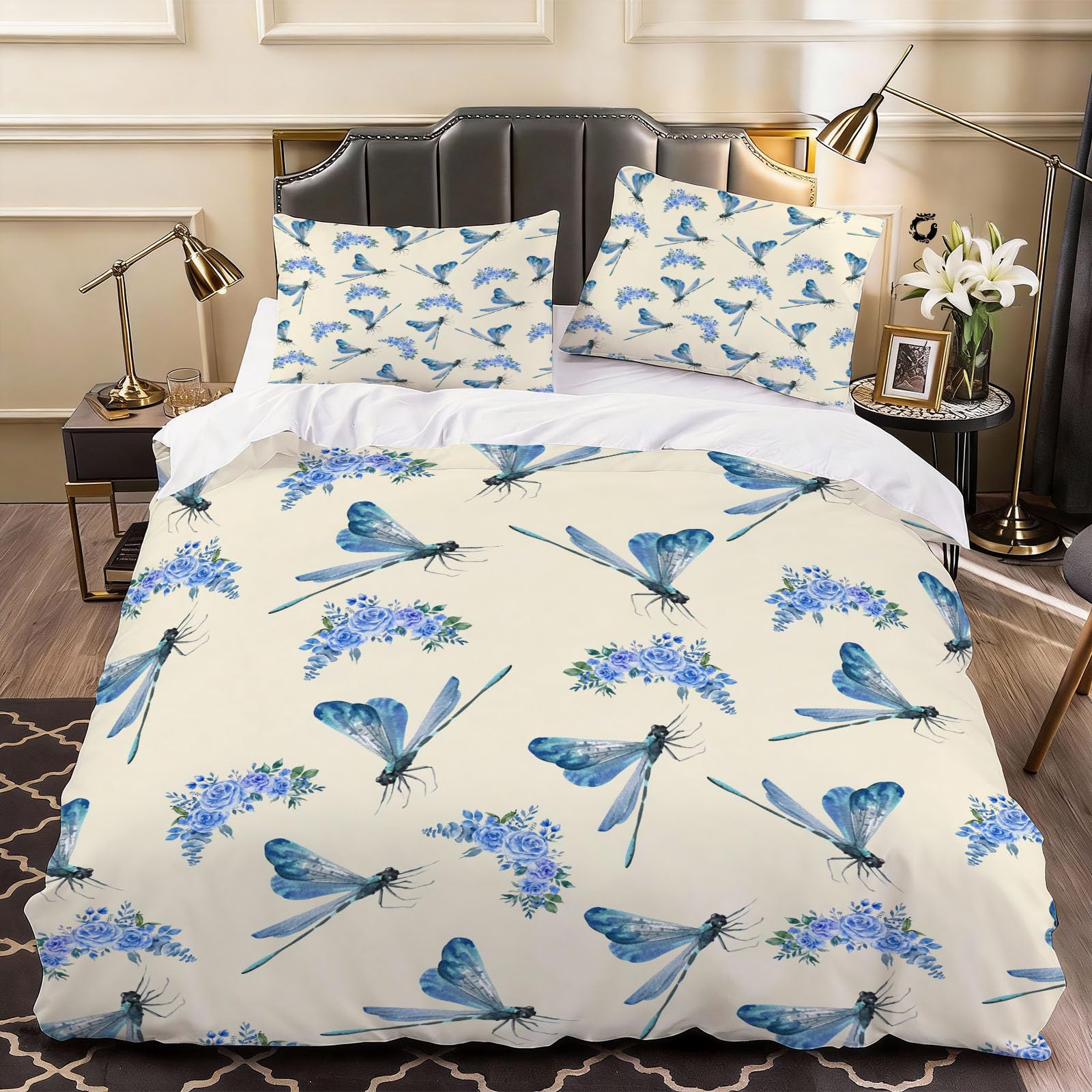 3D Dragonfly Duvet Cover Dragonfly Flower Bedding Double Bed Set, Soft Microfiber Comforter Cover Printed with Zipper Closure Quilt Coverr 200x200 cm and 2 Pillowcases