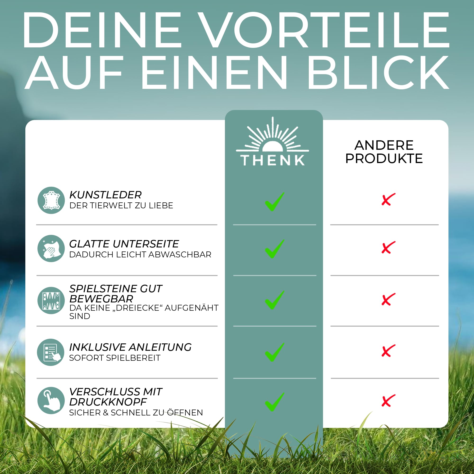 THENK Reise Backgammon – Edles Rollbares Backgammon Spiel aus Premium Kunstleder – Kompaktes Reisespiel mit Spielsteinen & Würfeln – Leicht und perfekt für Urlaub & Outdoor