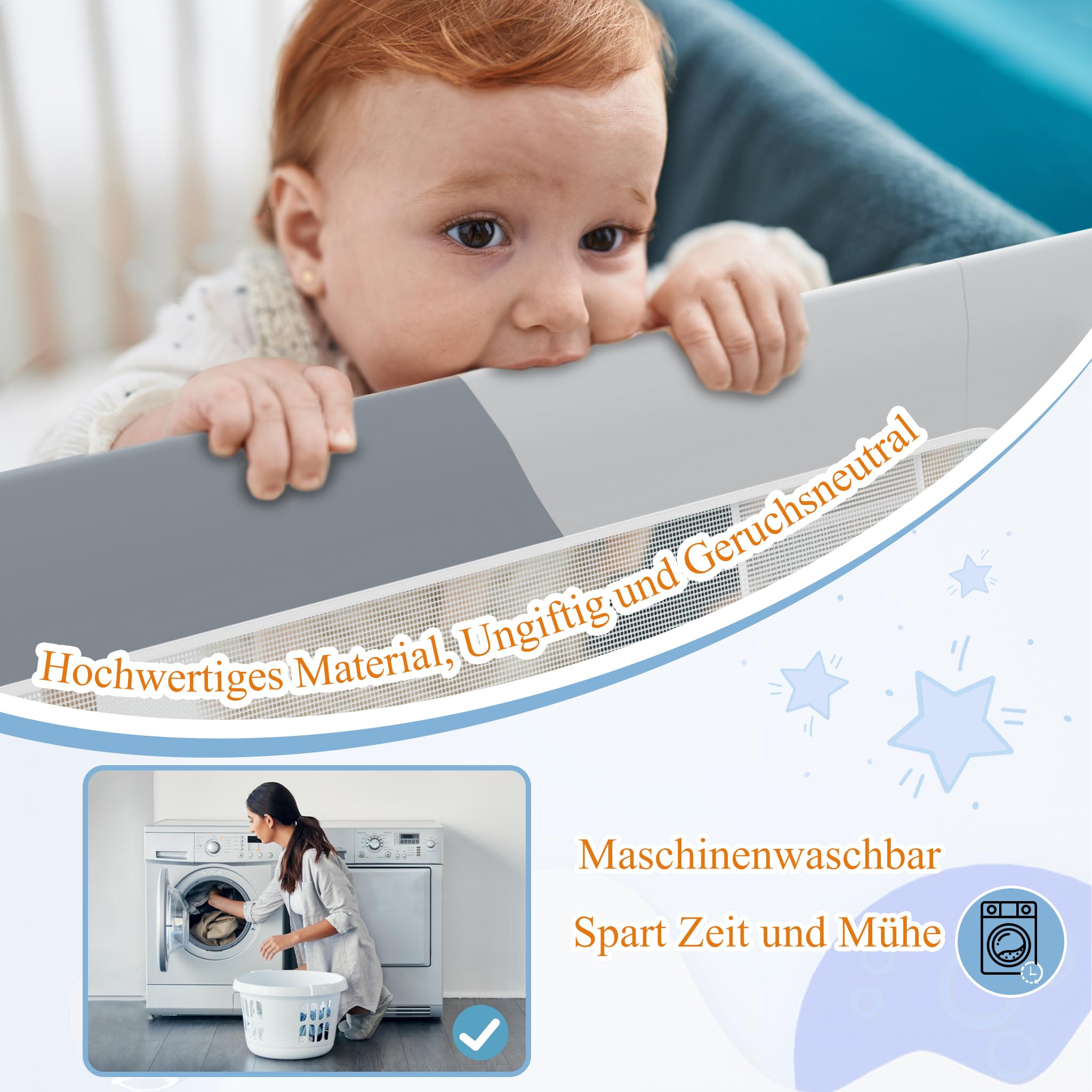 YUENFONG Barrera de cama de 200 cm, protección anticaídas para niños, altura regulable de 72 a 96 cm, plegable, color gris oscuro y gris claro
