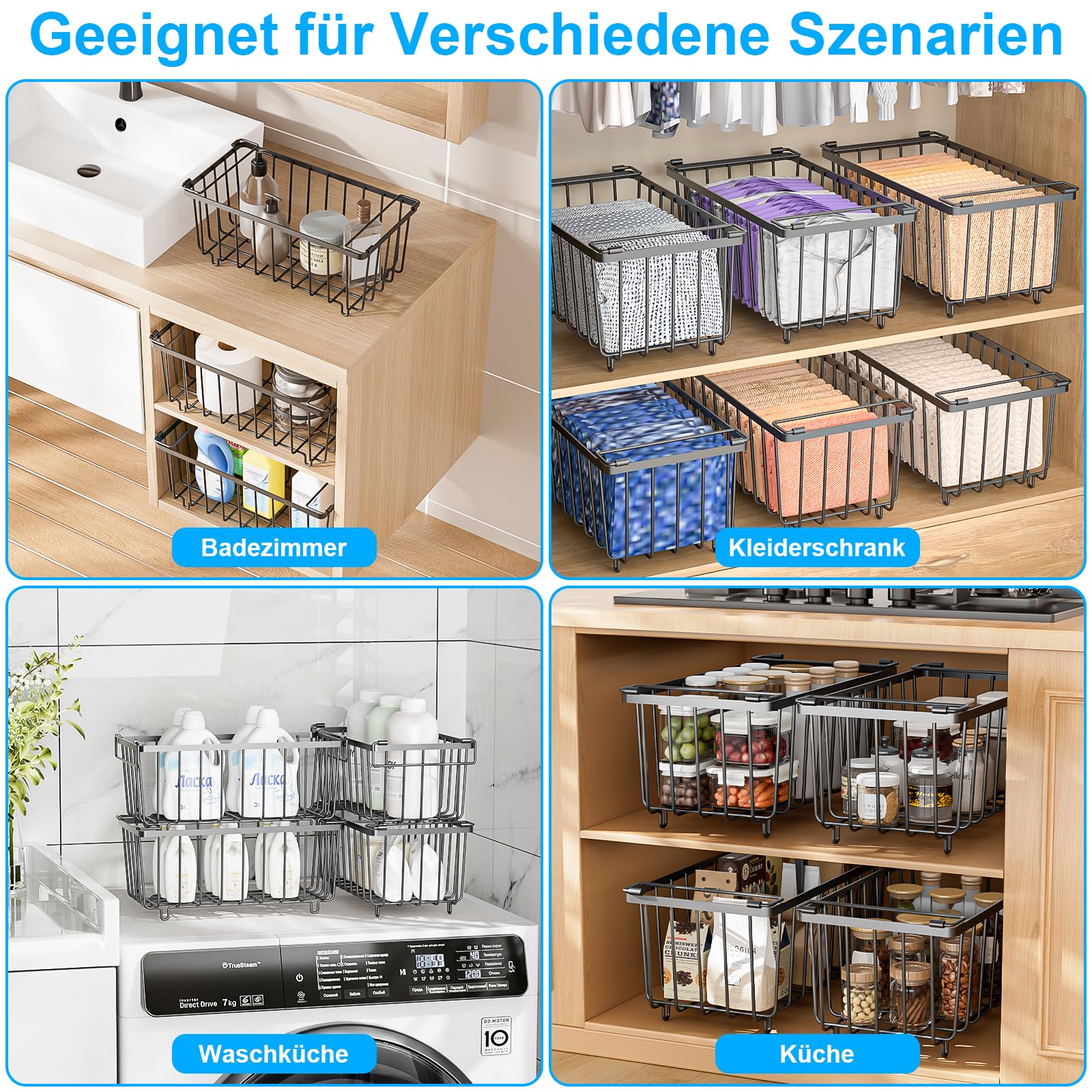 4er Gefrierschrank Organizer Stapelbare Gefrierkörbe aus Metall Gefriertruhe Korbe mit Boden und Griffen Gefriertruhe Ordnungssystem Platzsparend für 215L Truhengefrierschränken(37x18x15cm)