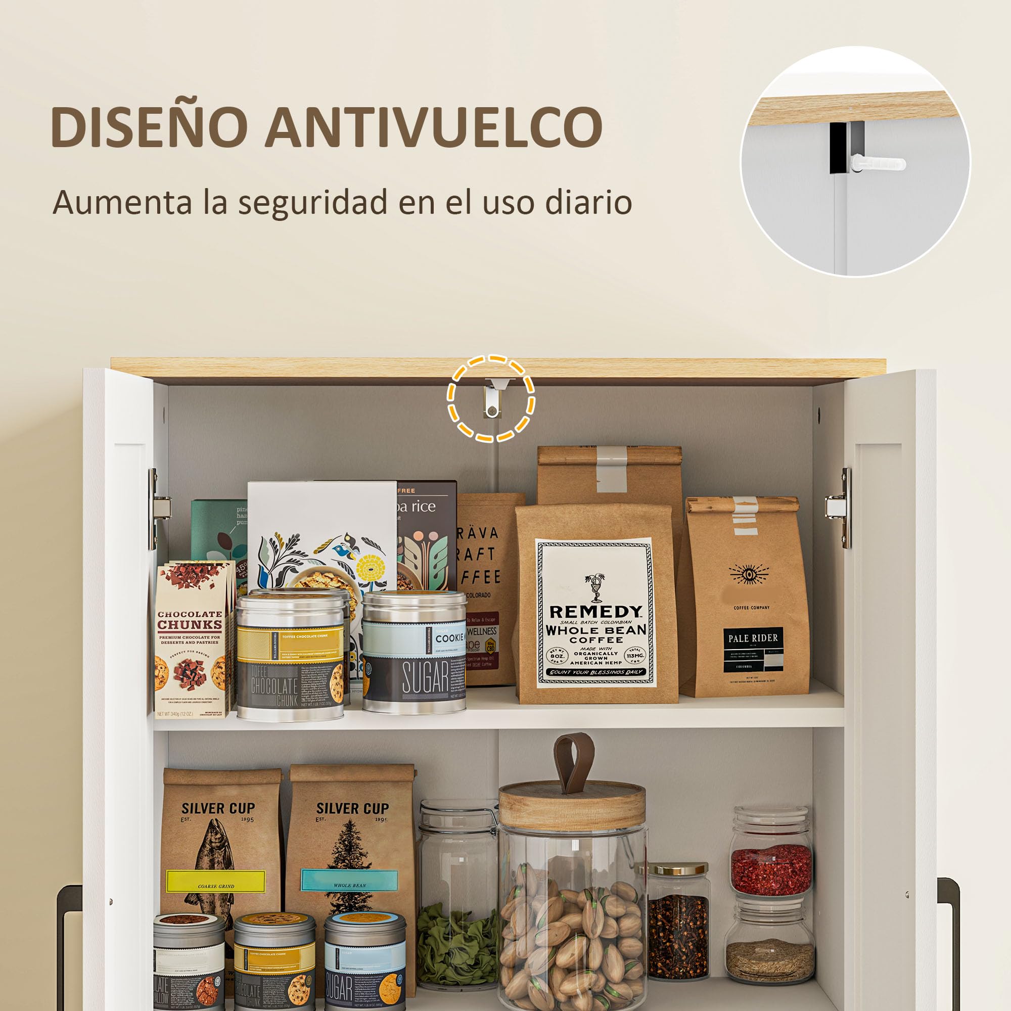 HOMCOM Alacena de Cocina con Estantes Ajustables 60x30x170 cm Blanco | Aparador de Cocina, Puertas de Ratán, Sistema Antivuelco
