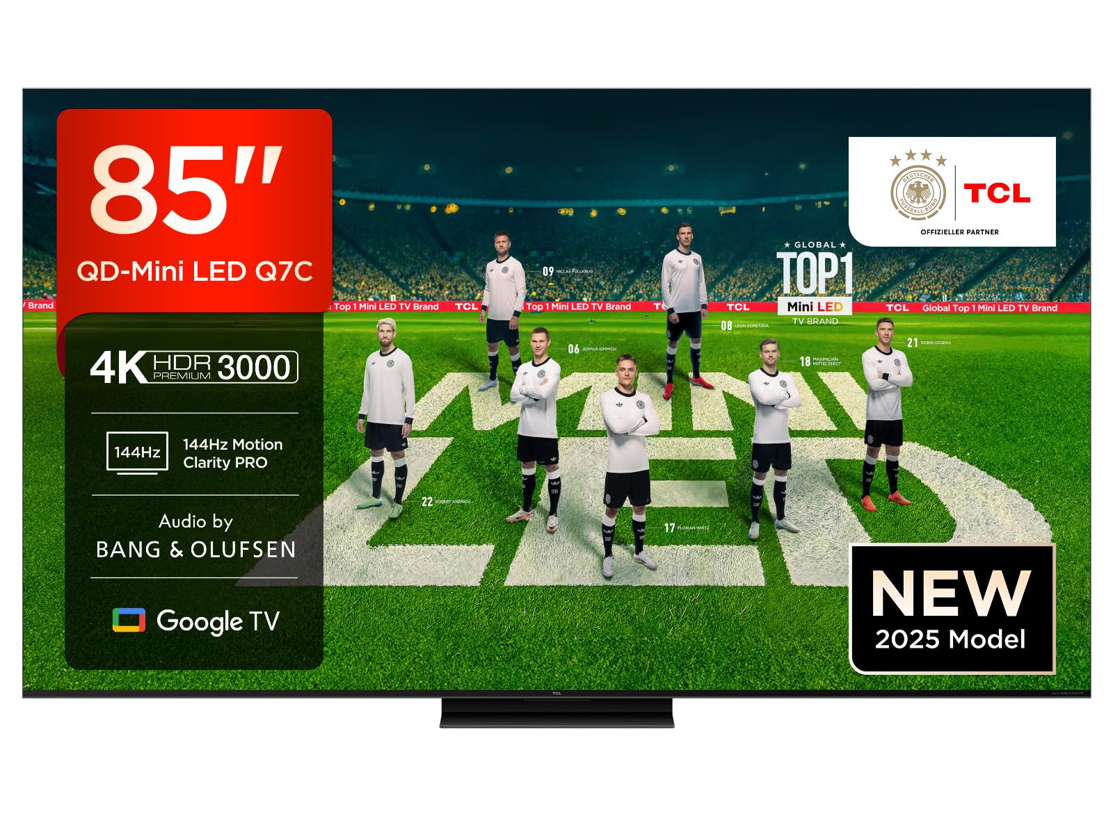 TCL 85Q7C QLED Mini LED Fernseher, 85 Zoll, 4K HDR Premium, Dolby Vision IQ & Atmos, Smart TV mit Google TV, 6.2.2 Sound, 144Hz VRR, AMD FreeSync Premium Pro, HDMI 2.1, AirPlay 2