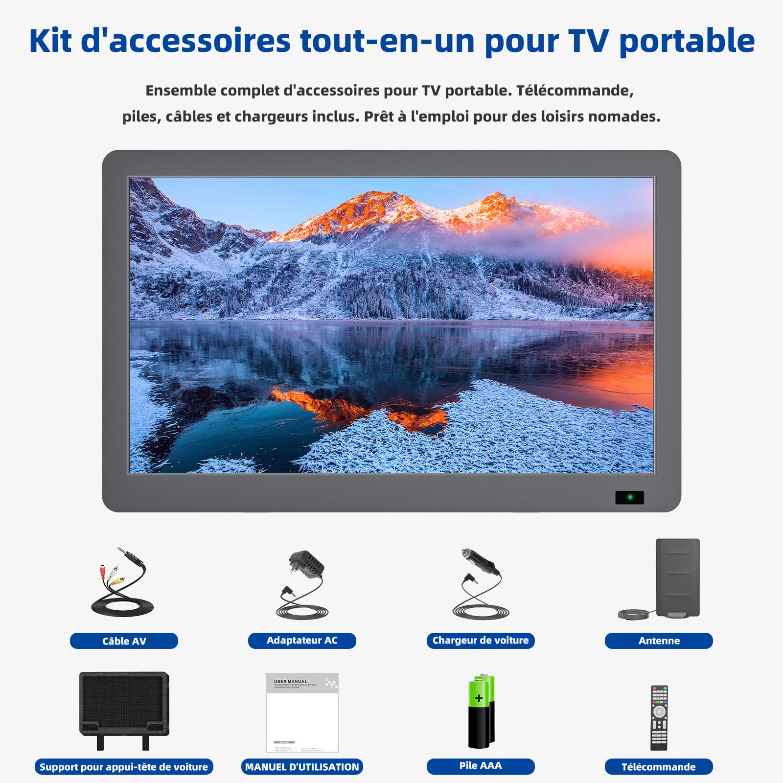 Desobry Téléviseur Portable 14.3 Pouces avec antenne, Petit téléviseur Portable avec Tuner DVB-T2, Mini téléviseur LCD Qui Peut être rechargé avec des Piles