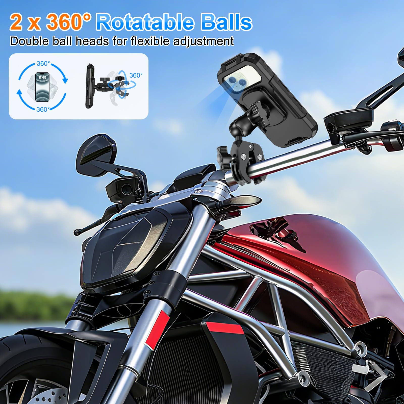 Supporto Telefono Moto Impermeabile Porta Cellulare Bici con 720° Girevole Braccio Estensione Metallo Porta Cellulare Moto Manubrio Scooter Touch Screen per 5.5"-7.0" Smartphone (Nero)