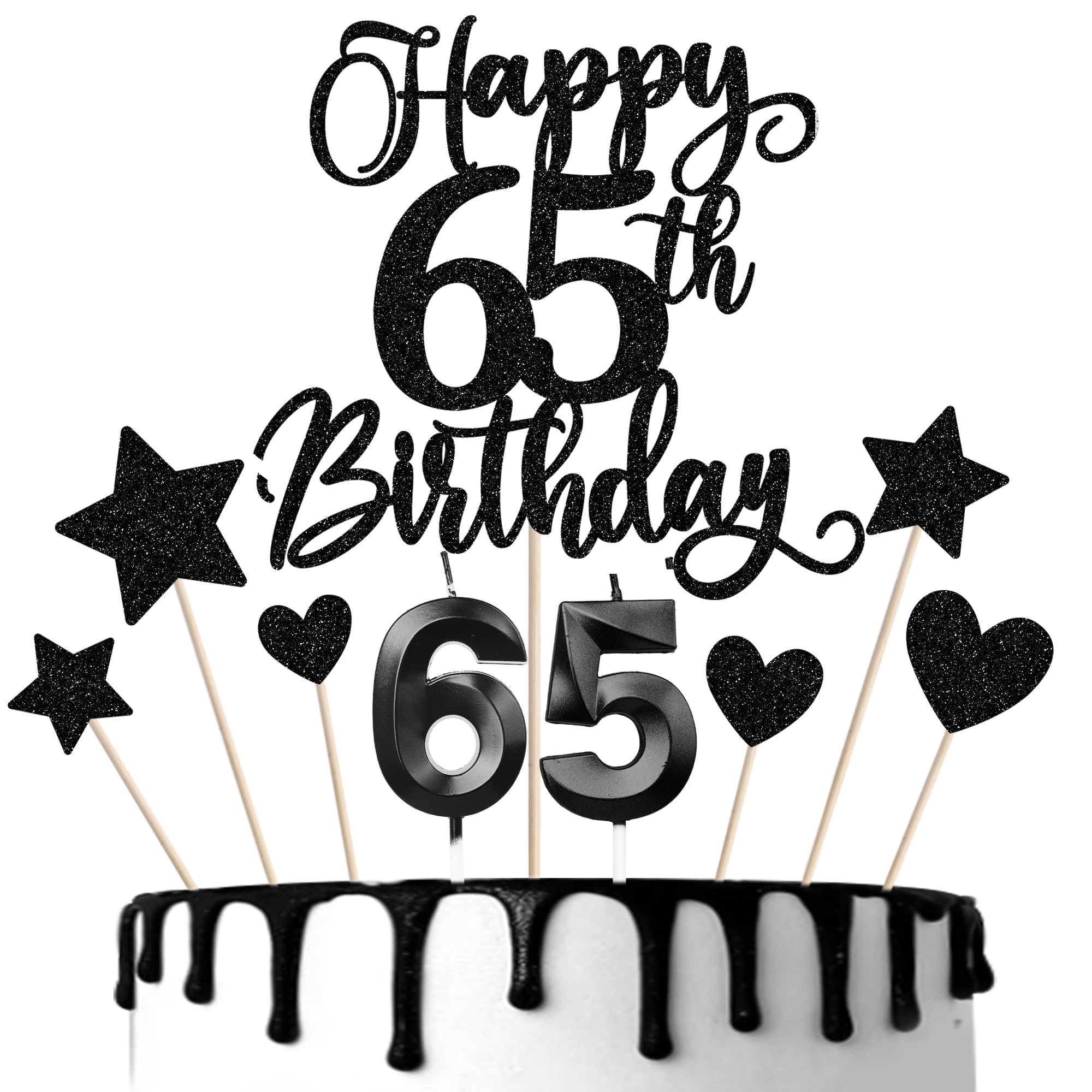 13 PCS Happy 65th Birthday Cake Topper Set with Heart Star Glitter Cheers to 65 Years Birthday Cake Picks Number 65 Candles Cake Decorations for Happy