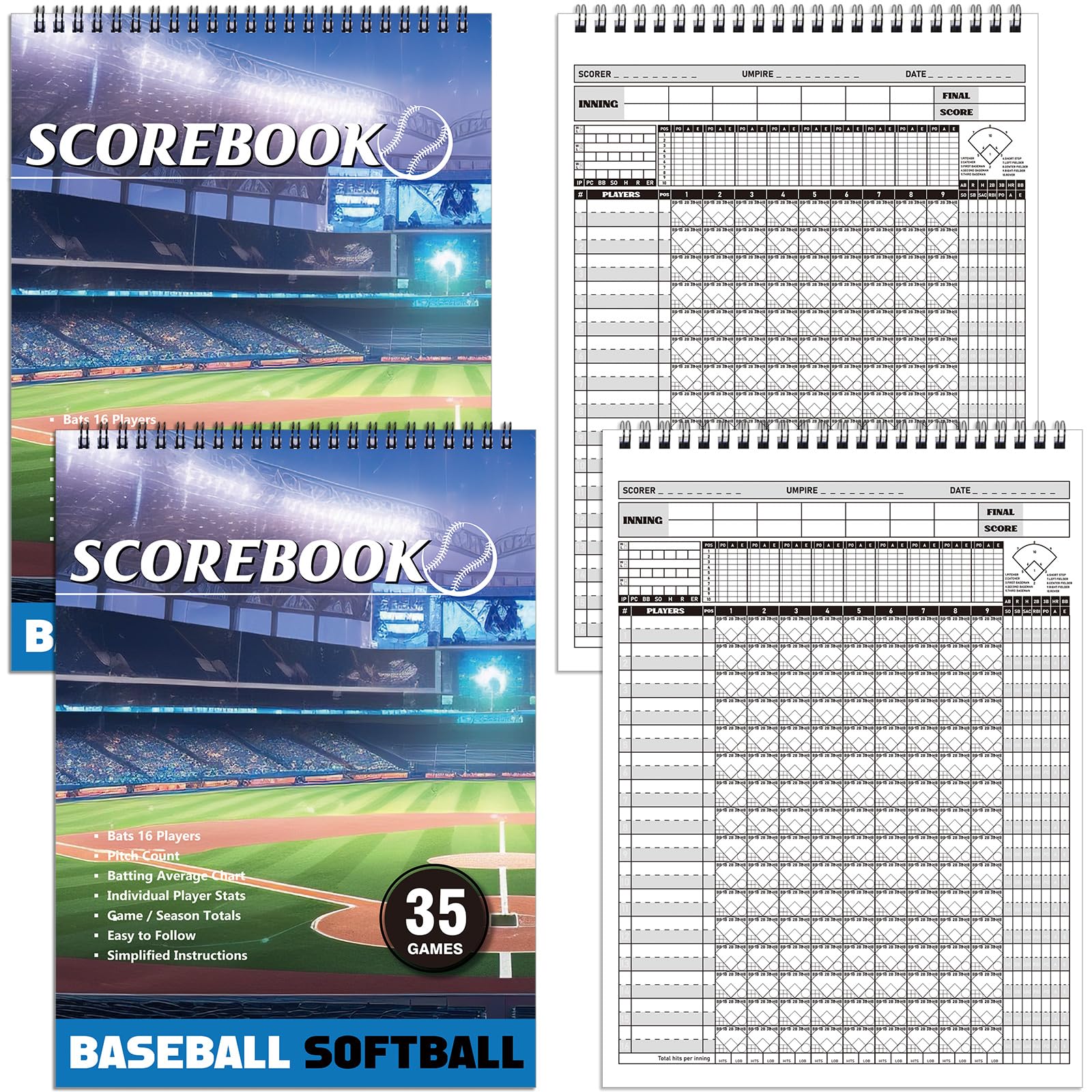 Qilery Libro de puntuación de béisbol, 35 juegos, libro de puntuación de béisbol y sóftbol, libro de puntuación, accesorios de entrenamiento para estadísticas, entrenadores, marcadores, 11.6 x 8.3