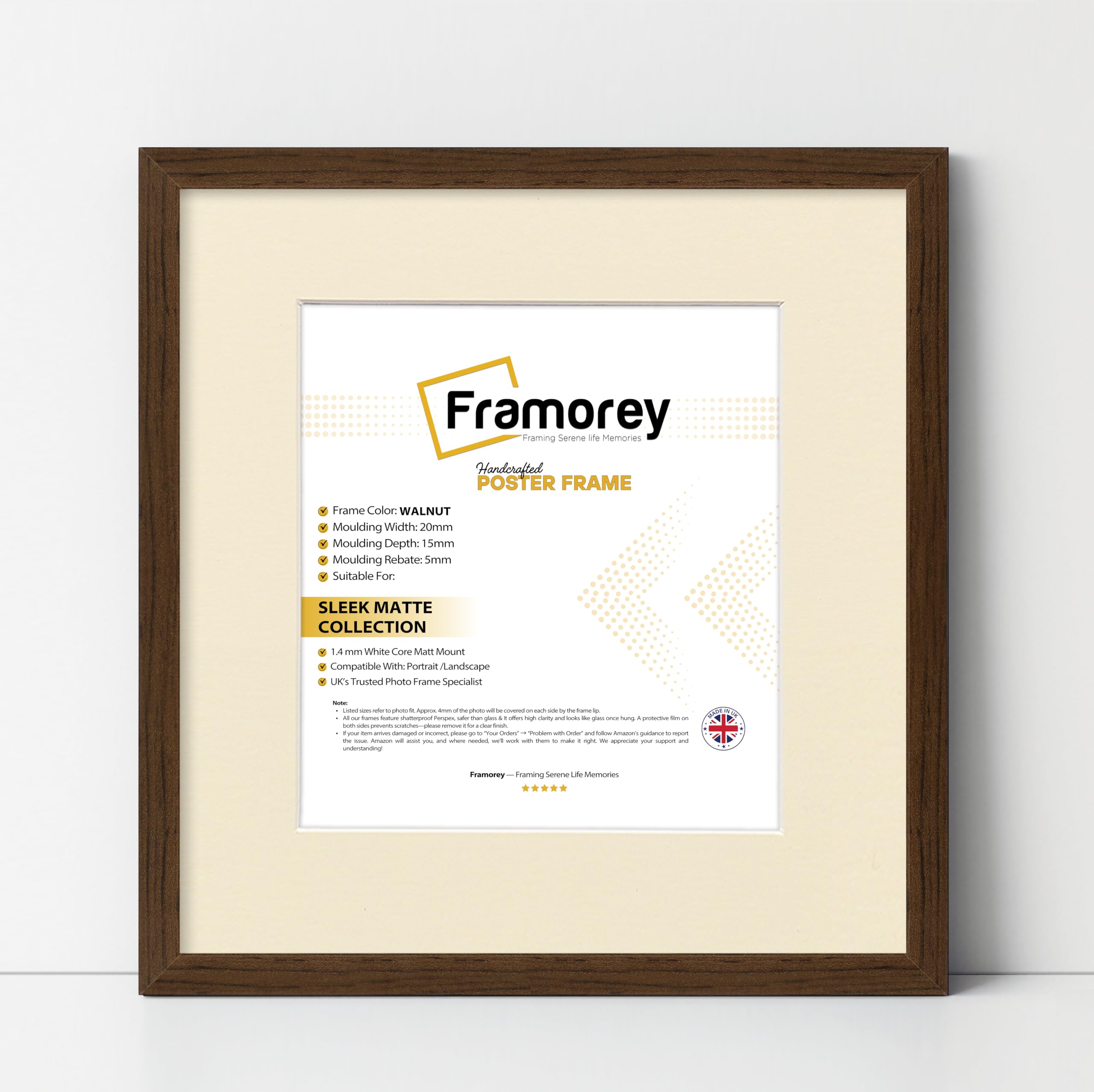 Framorey Framing Serene Life Memories Walnut With Ivory Framorey Square Size Thin Matt Photo, Handmade Flat Thin Picture Frame, 11X11" Size Walnut Picture Frame With 9X9" Size Ivory Mount, Photo Print Frames