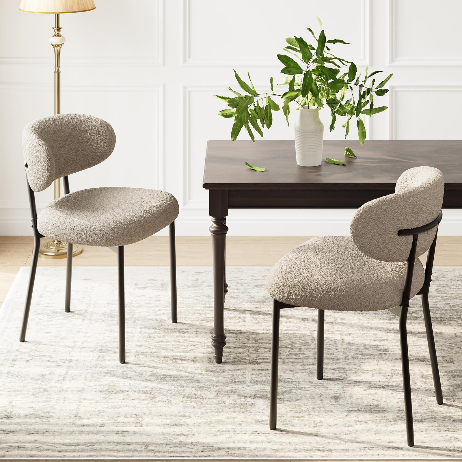 MALOL Dining Chairs Set of 2, Boucle Chairs for Dining Room with Metal Legs & Curved Backrest & Thick Cushion, Upholstered Teddy Fabric Sherpa Kitchen Chair with Anti-Slip Pads, Camel