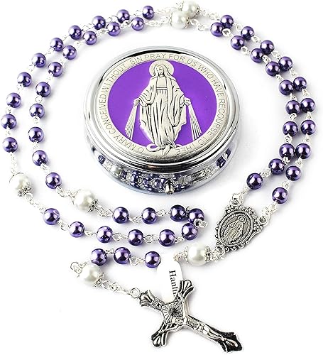 HanlinCC Cuentas de perlas de vidrio de 0.236 in con cuentas de padre de 0.315 in con rosario en caja de regalo de metal milagroso