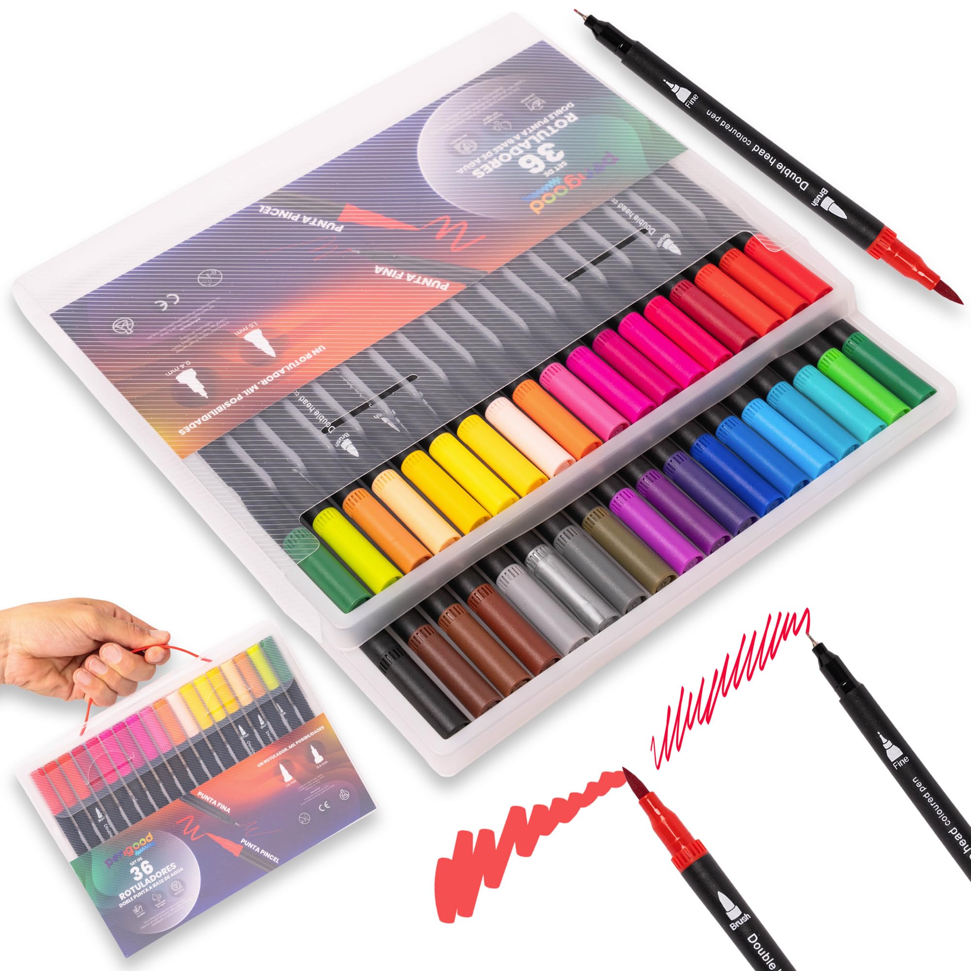 Rotuladores lavables para niños y adultos, 36 colores, doble punta fina y pincel, tinta no tóxica, ideales para manualidades, dibujo, colorear y lettering, material escolar