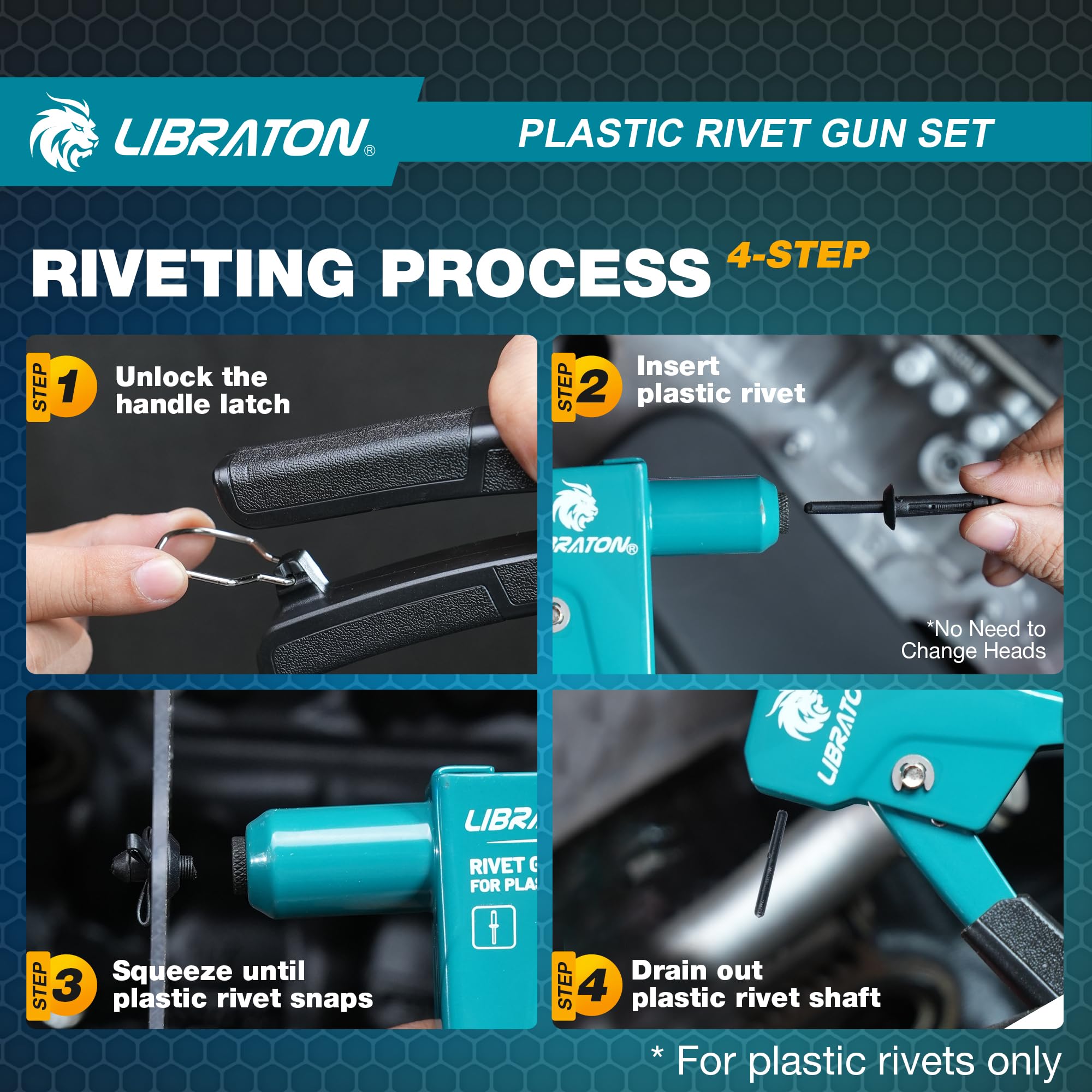 LIBRATON Kit de Pistolet à Rivets Plastique 90° avec 40 Rivets Nylon (4 Tailles), Outil de Retrait, Embout Universel pour Automobile, Ergonomique et 50% Moins d'Effort