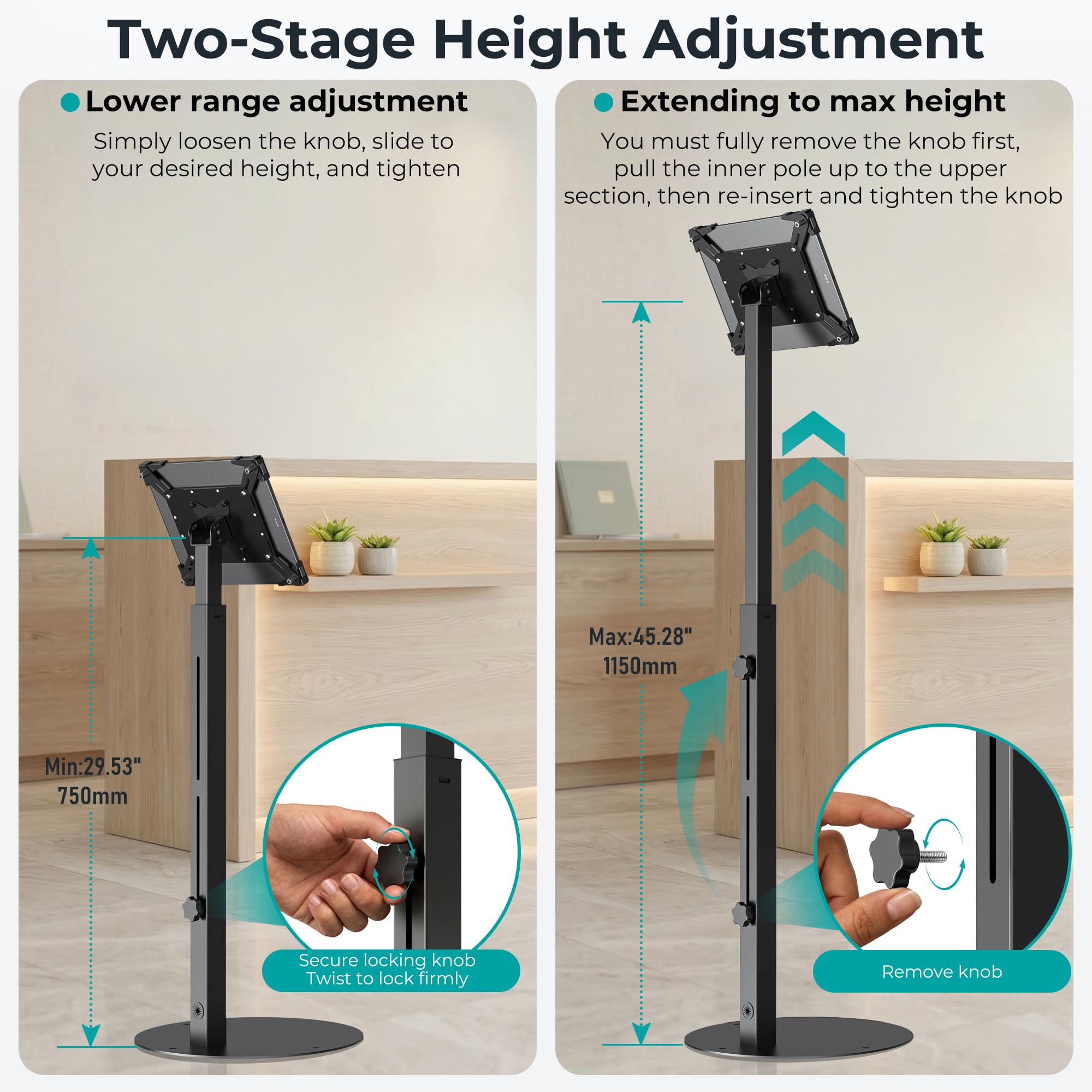Diebstahlsicherer iPad Kiosk Ständer, Höhenverstellbarer Tablet Bodenständer Für POS Kasse, Halterung 10-14" iPad Pro 12.9 11 10.9, Galaxy Tab, Surface Pro, 360° Drehbar, Schwarz