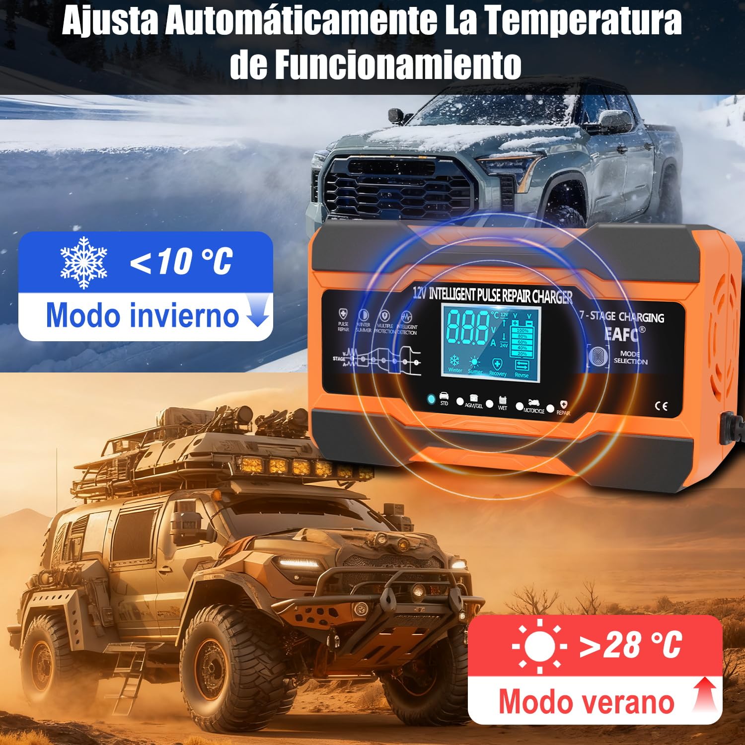 12A Cargador Baterias Coche Inteligente 12V, Mantenedor Bateria Moto para Baterías de Plomo-ácido, STD, AGM, Gel, SLA, Cable de 2m, Control Táctil, Compensación de Temperatura