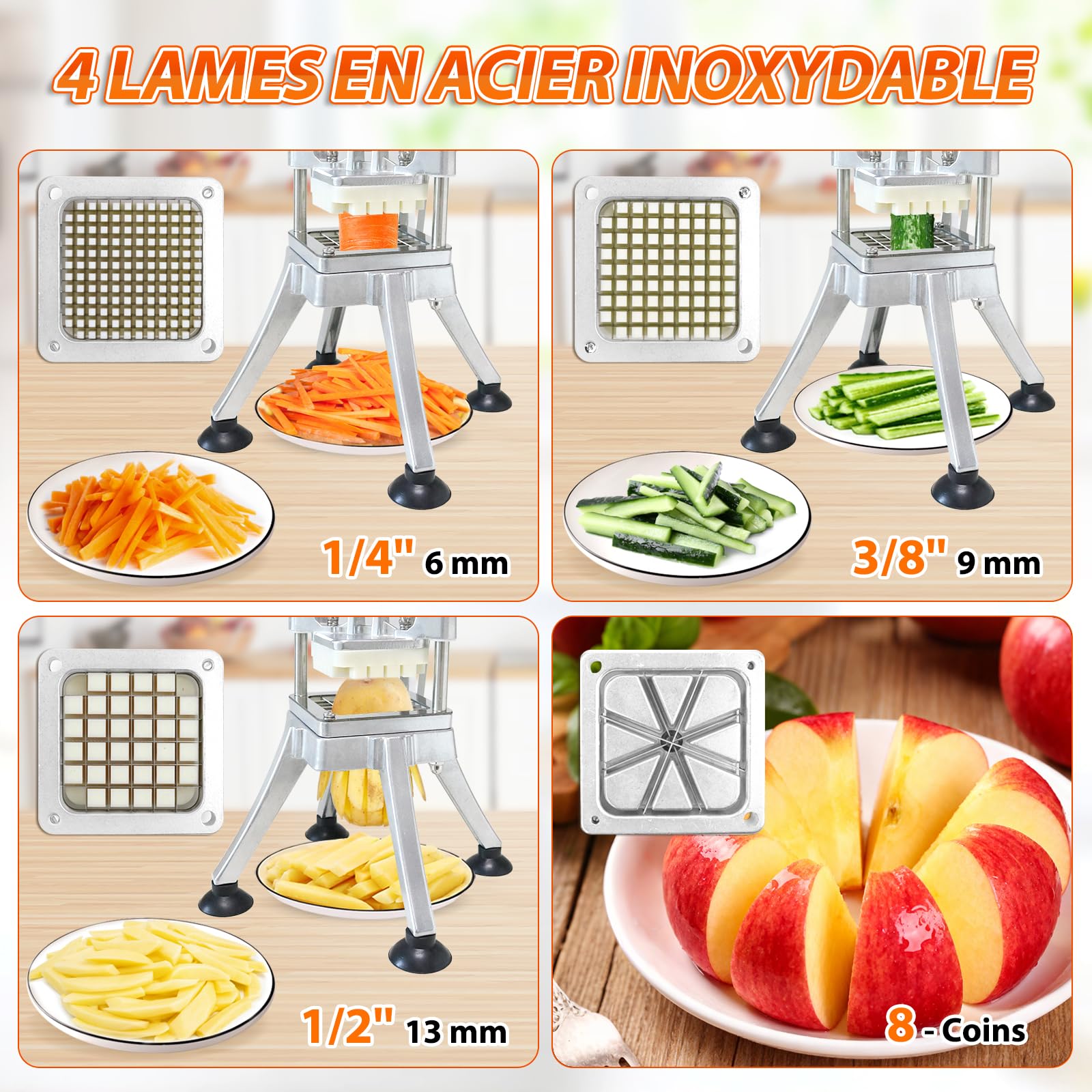 Anatole Coupe-Frites Professionnel Vertical avec 6mm 9mm 13mm Coin Lame en Acier Inox Coupe Pomme de Terre pour Frite Manuel Multifonctionnel pour Carotte Concombre Oignon Citron Fruit